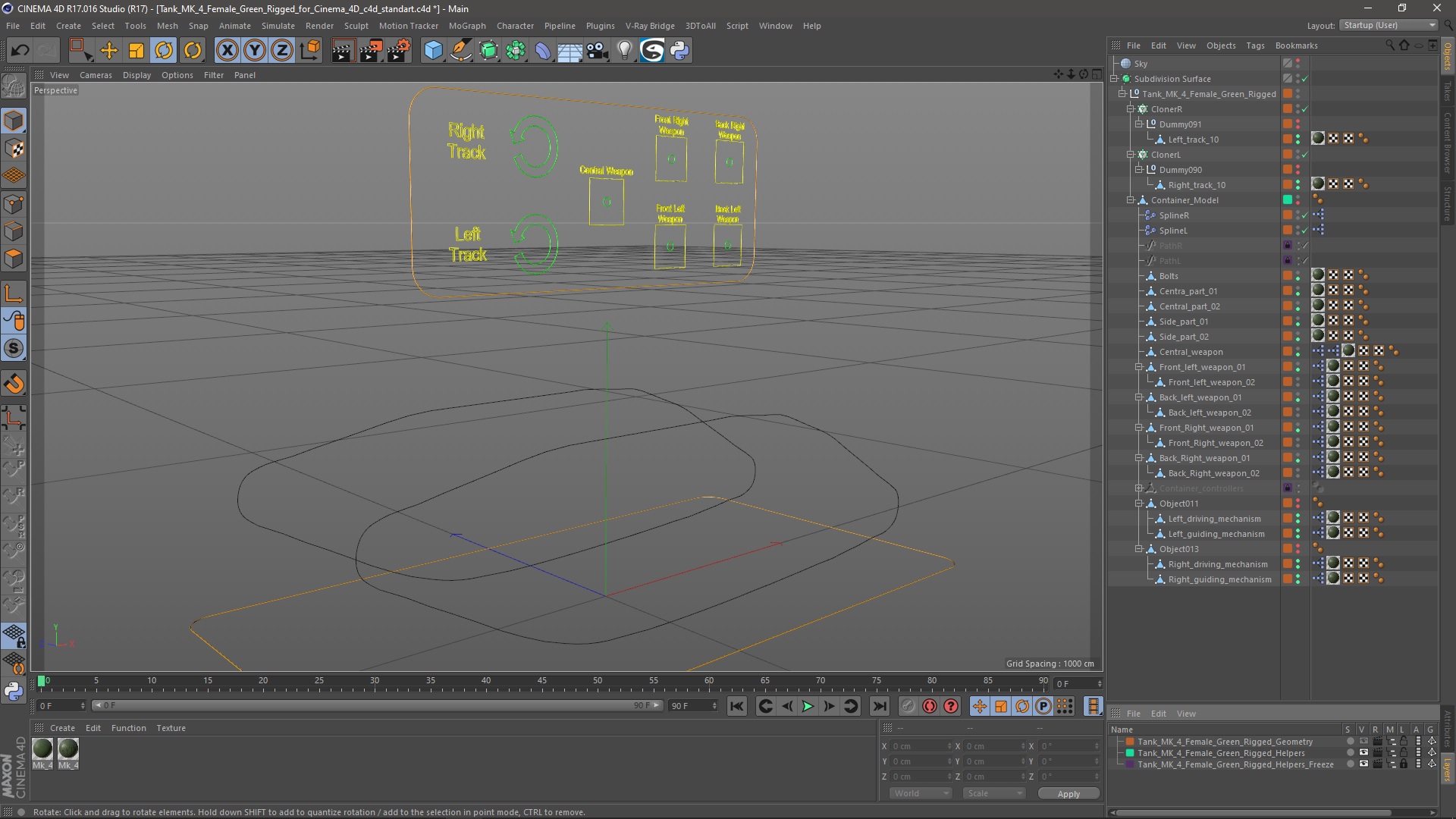 3D Tank MK 4 Female Green Rigged for Cinema 4D model
