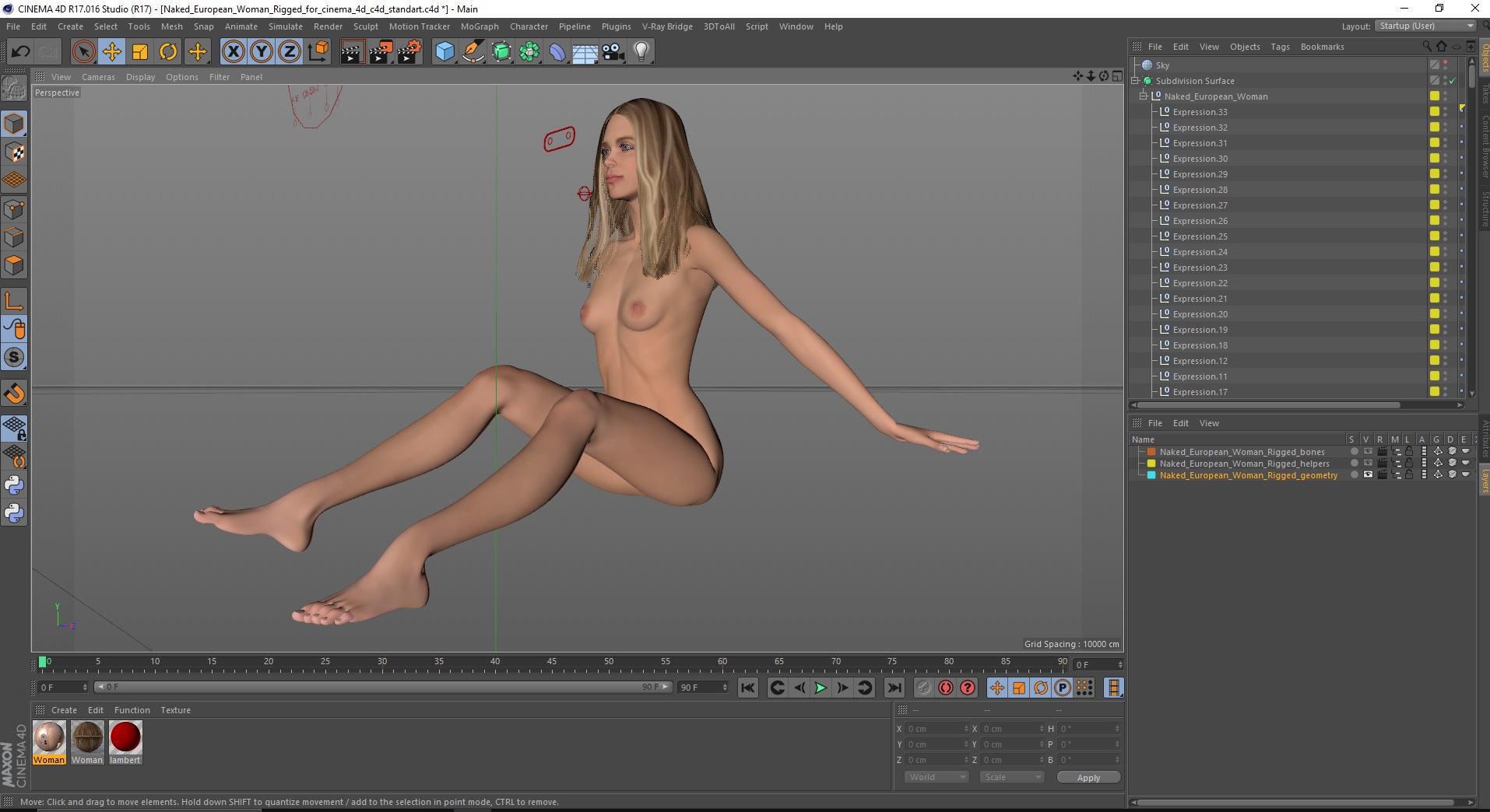 3D Naked European Woman Rigged for Cinema 4D