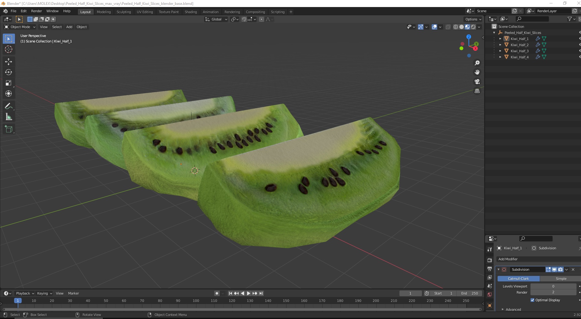 3D Peeled Half Kiwi Slices model