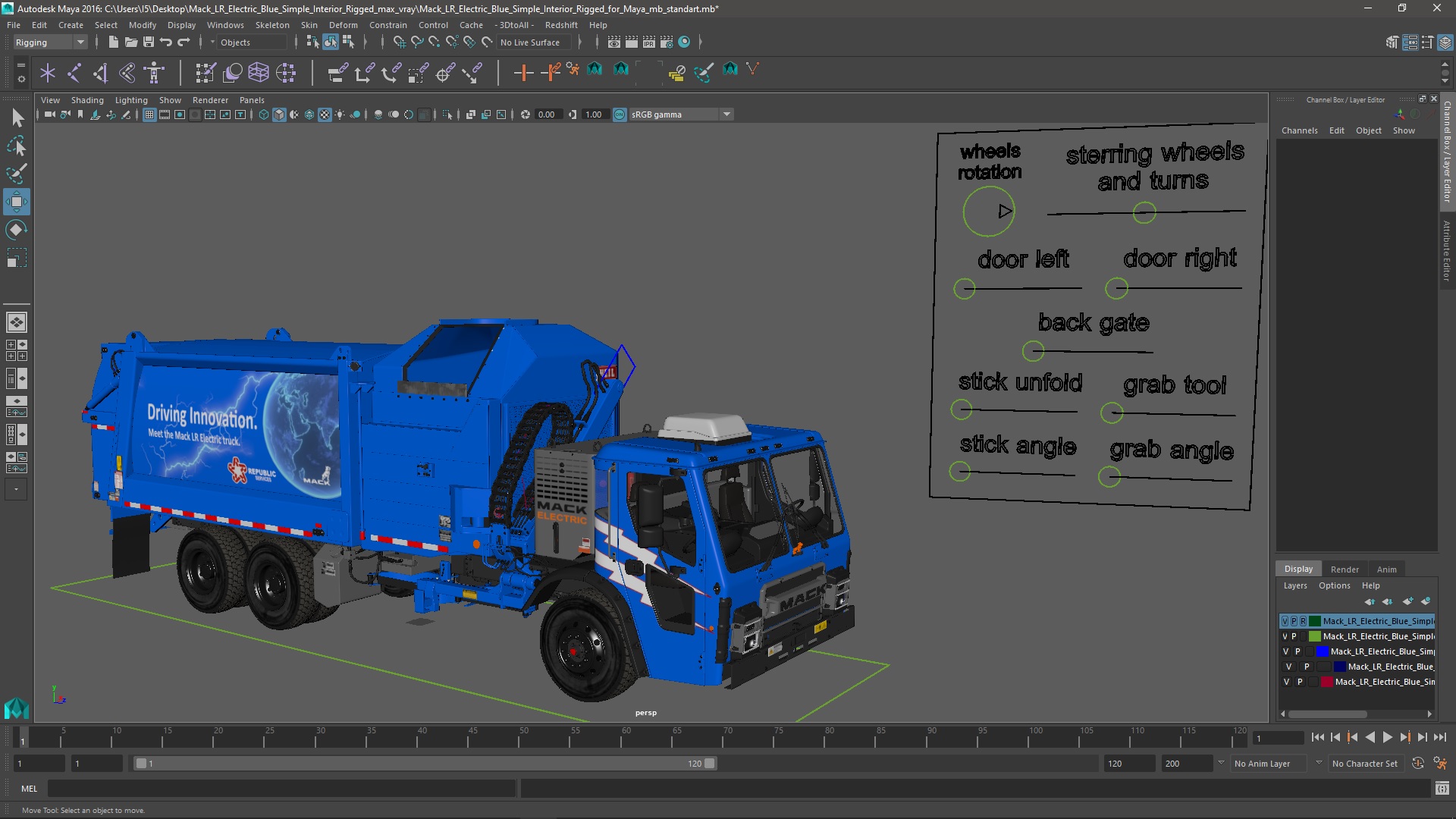 3D Mack LR Electric Blue Simple Interior Rigged for Maya model