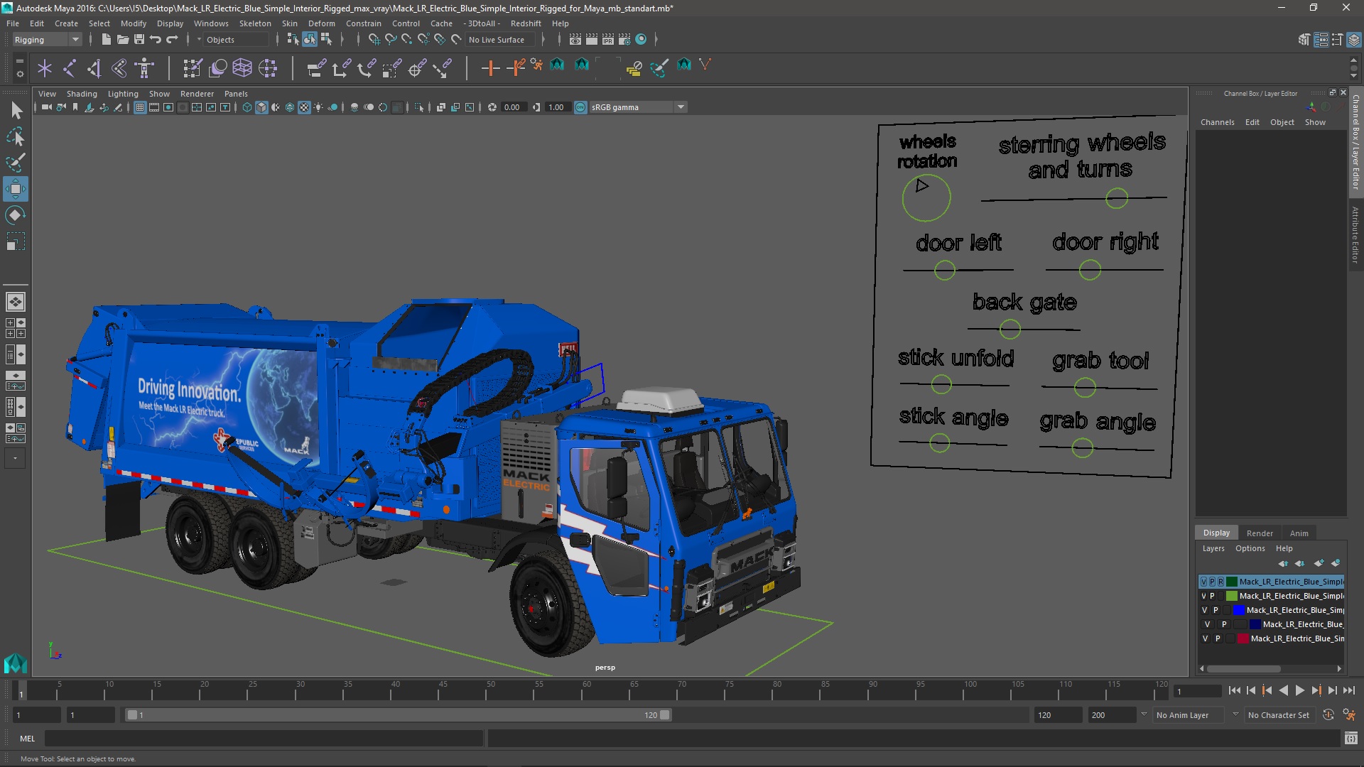 3D Mack LR Electric Blue Simple Interior Rigged for Maya model