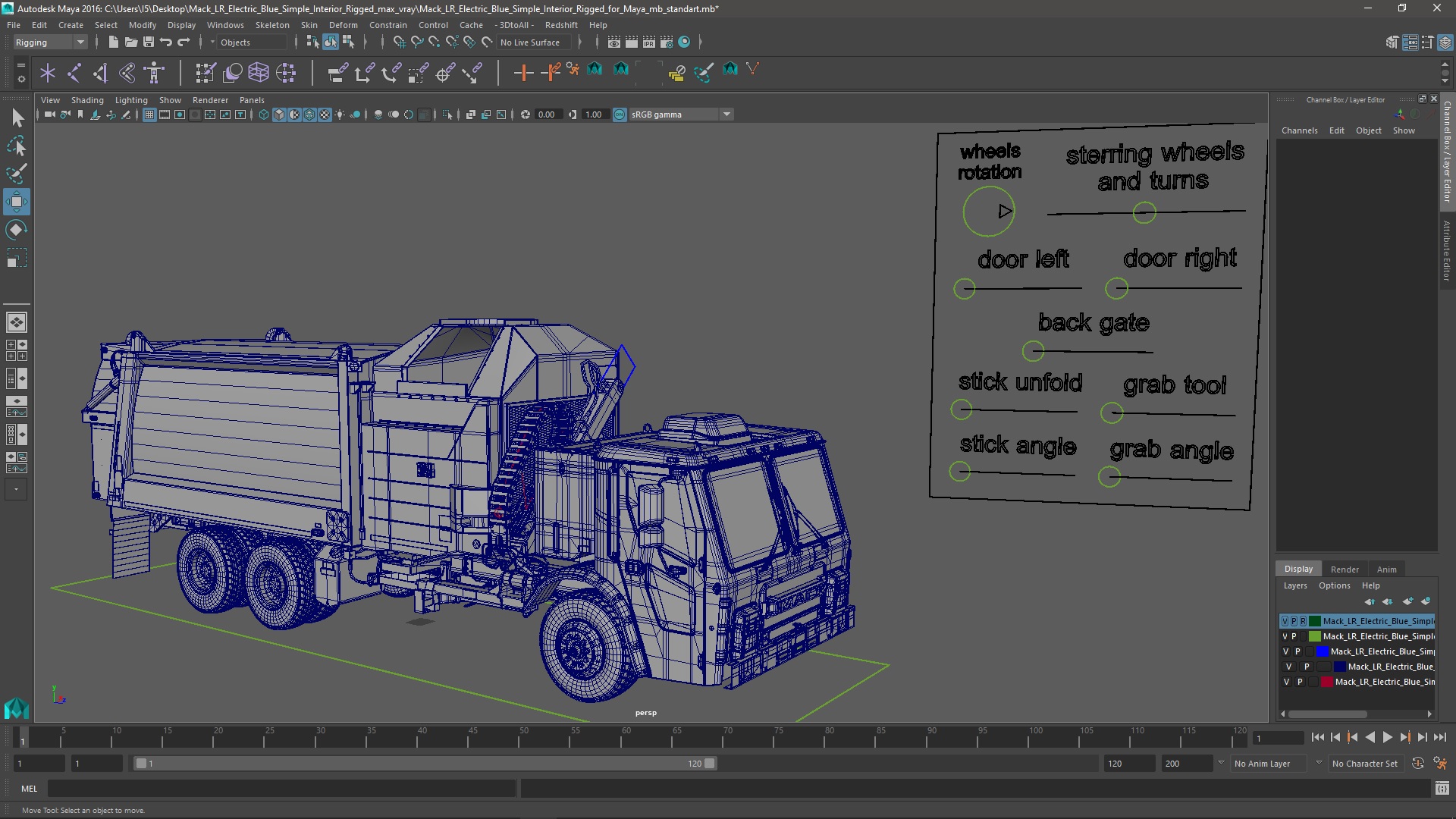 3D Mack LR Electric Blue Simple Interior Rigged for Maya model