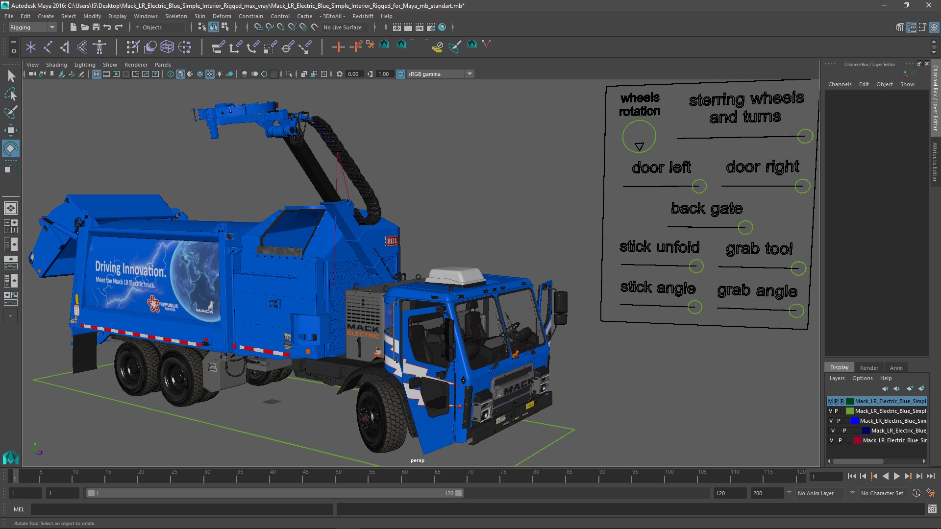 3D Mack LR Electric Blue Simple Interior Rigged for Maya model