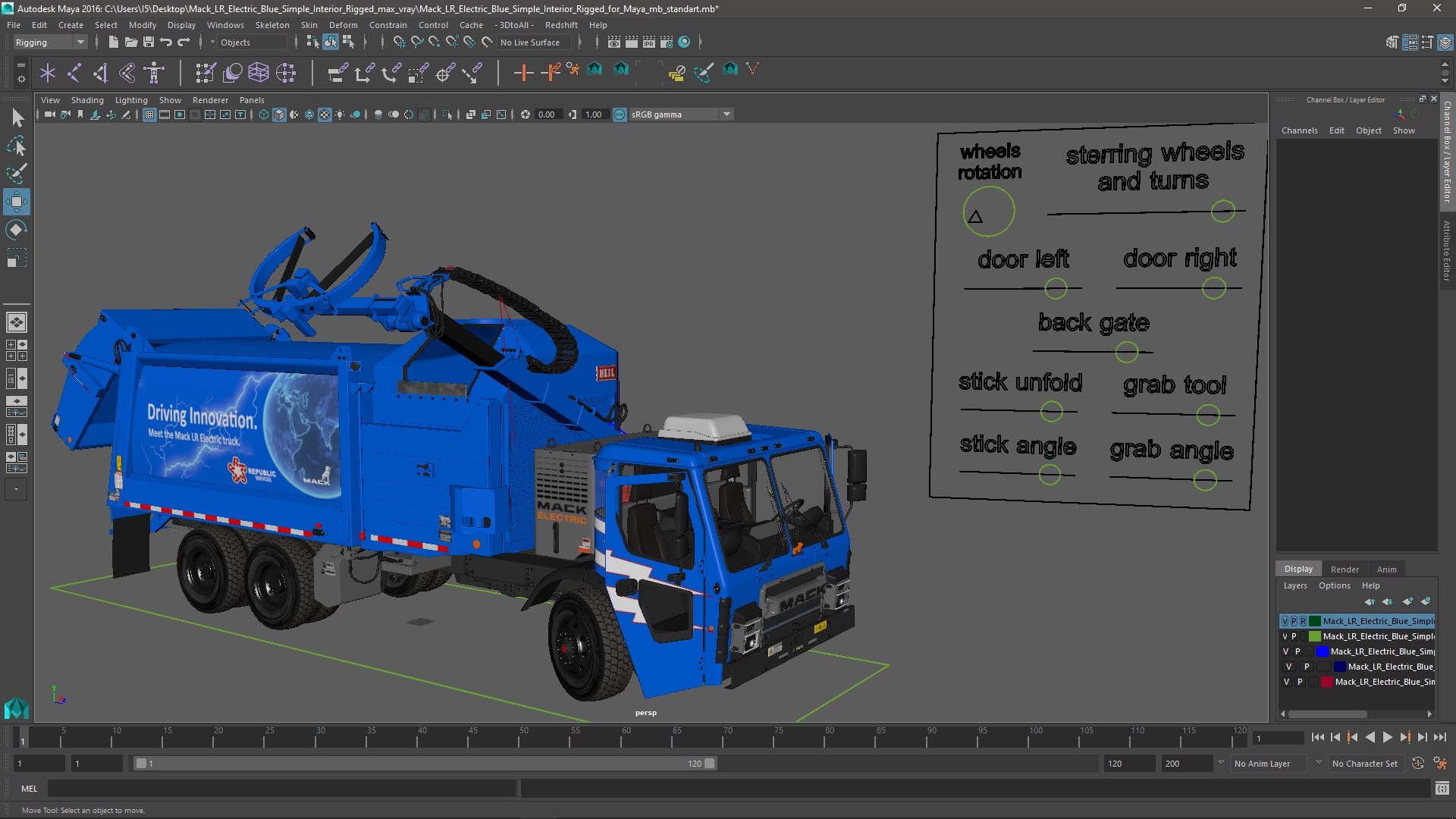 3D Mack LR Electric Blue Simple Interior Rigged for Maya model