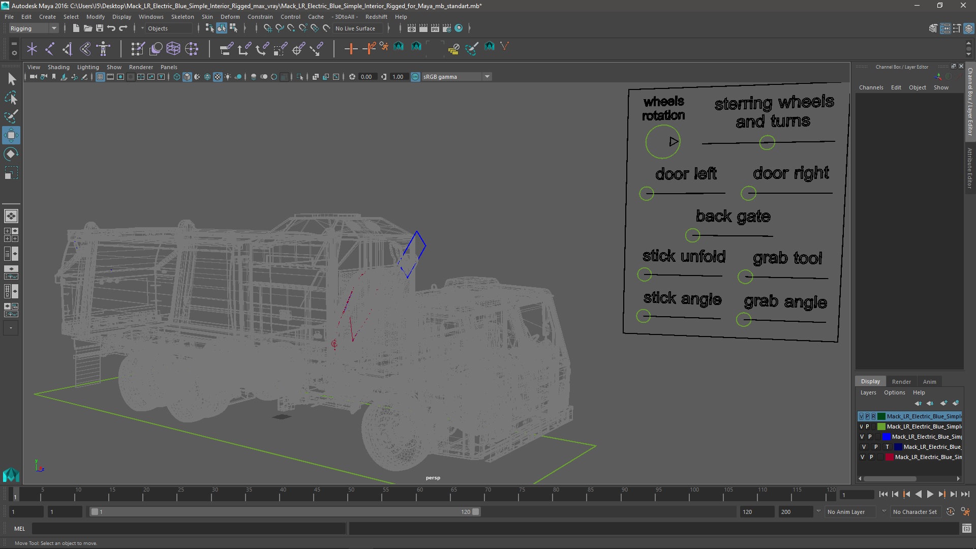 3D Mack LR Electric Blue Simple Interior Rigged for Maya model