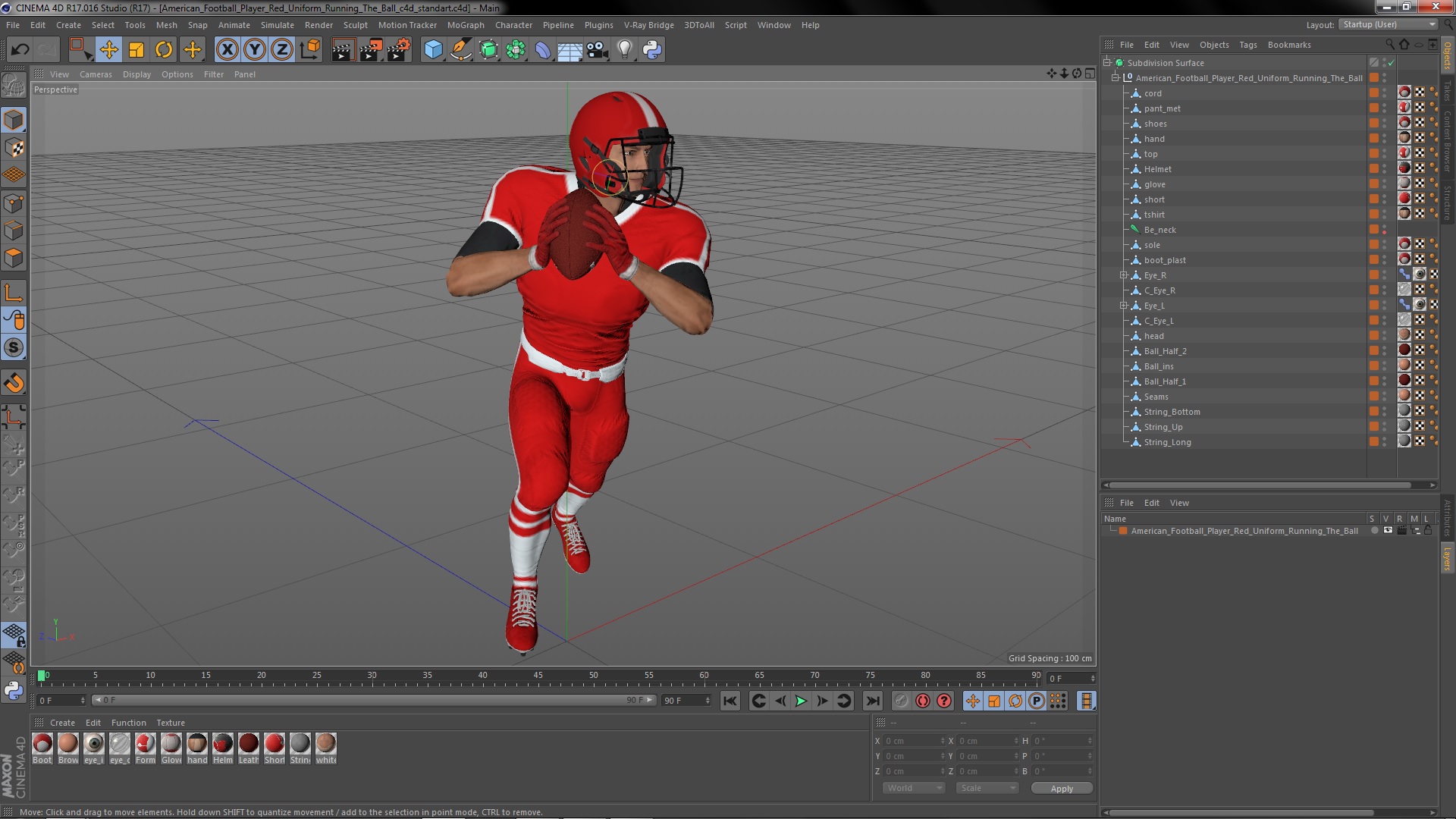 3D American Football Player Red Uniform Running The Ball model