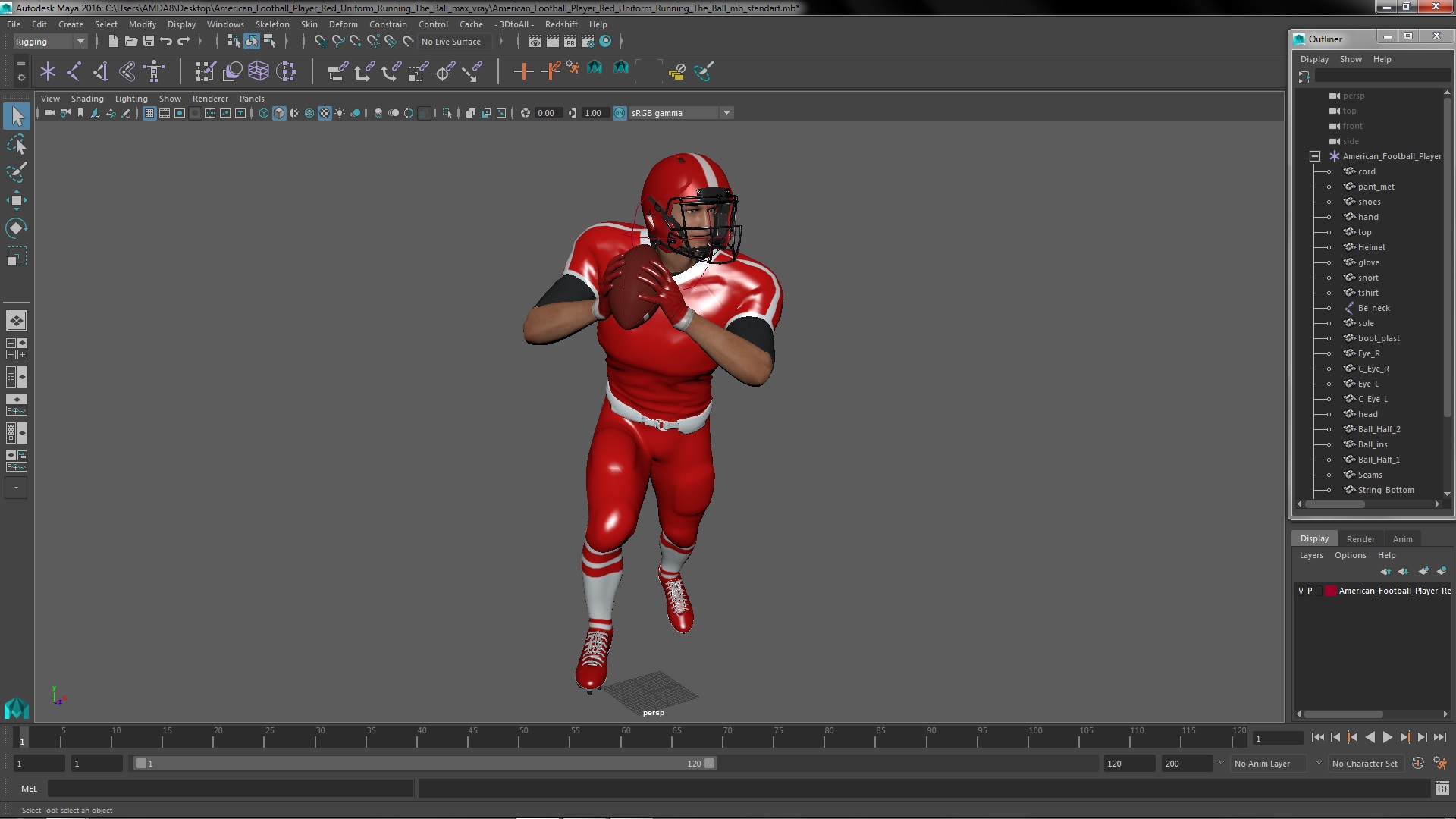 3D American Football Player Red Uniform Running The Ball model