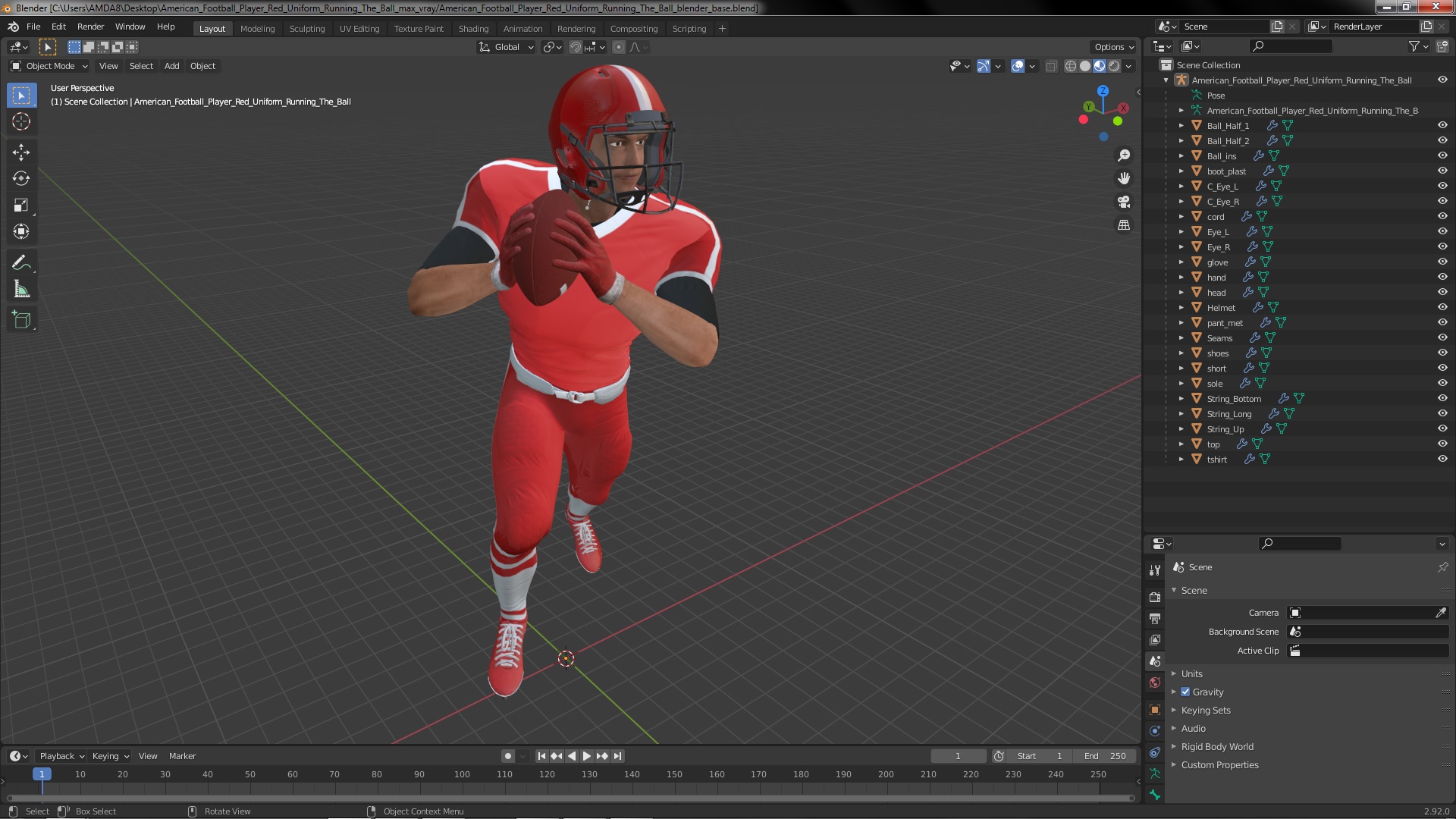 3D American Football Player Red Uniform Running The Ball model