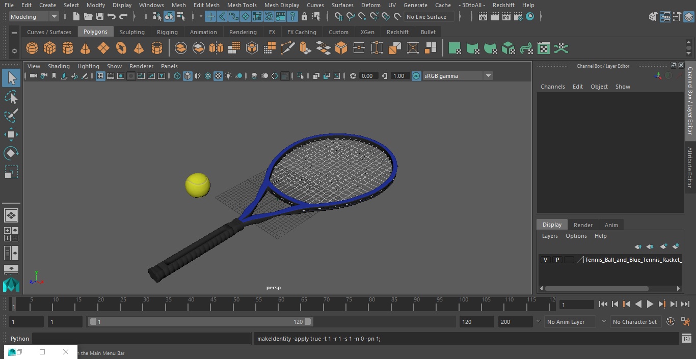 Tennis Ball and Blue Tennis Racket 3D model
