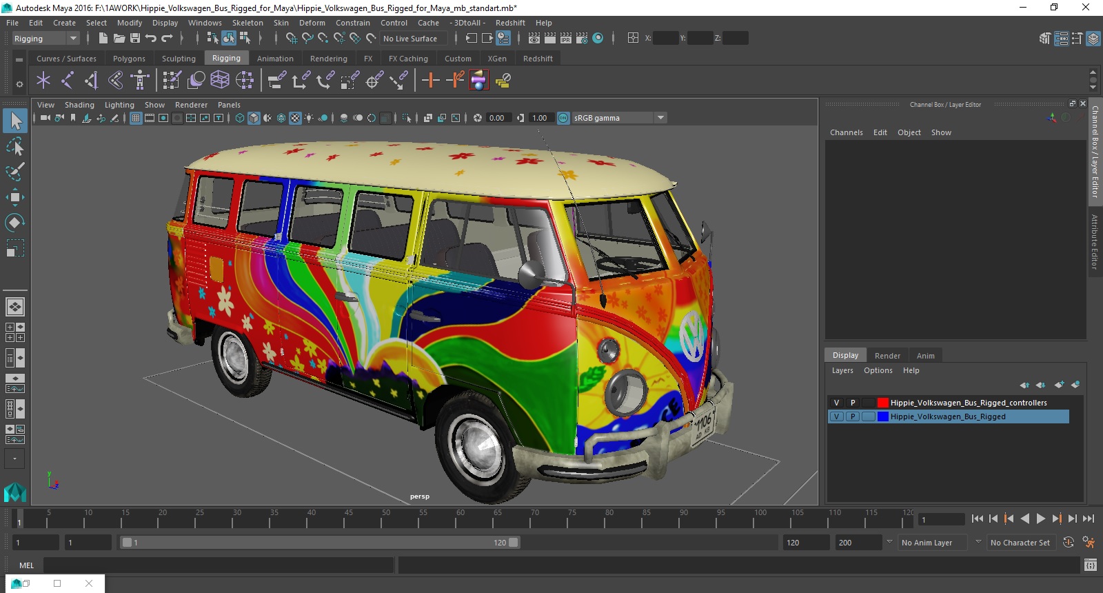 Hippie Volkswagen Bus Rigged for Maya 3D