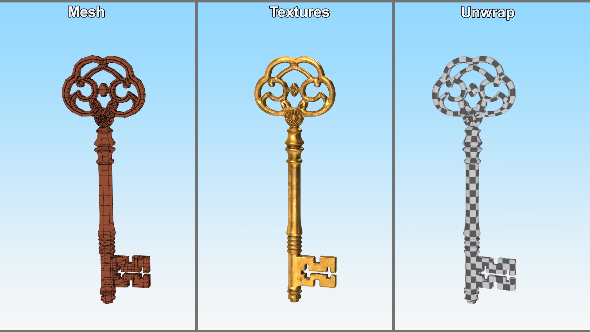 Antique Ornate Skeleton Key Gold 3D