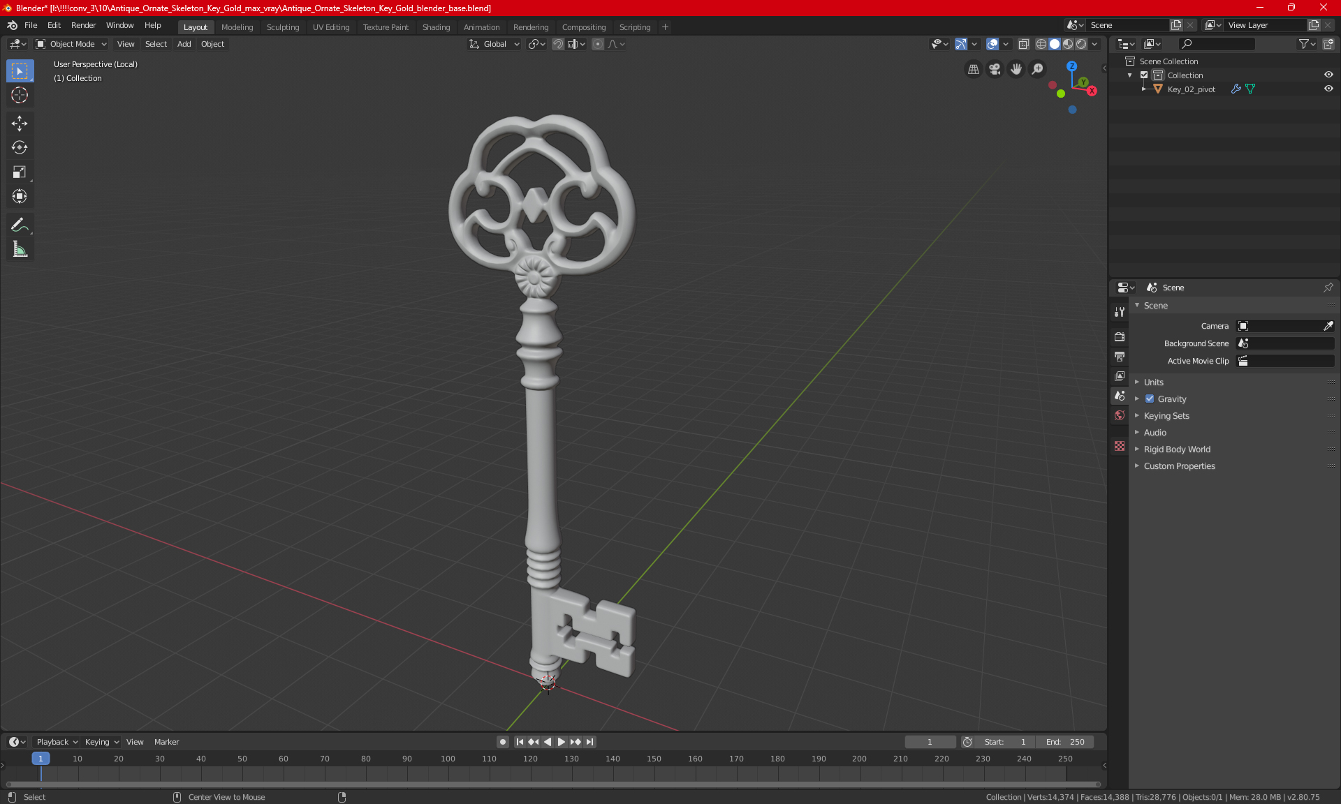 Antique Ornate Skeleton Key Gold 3D
