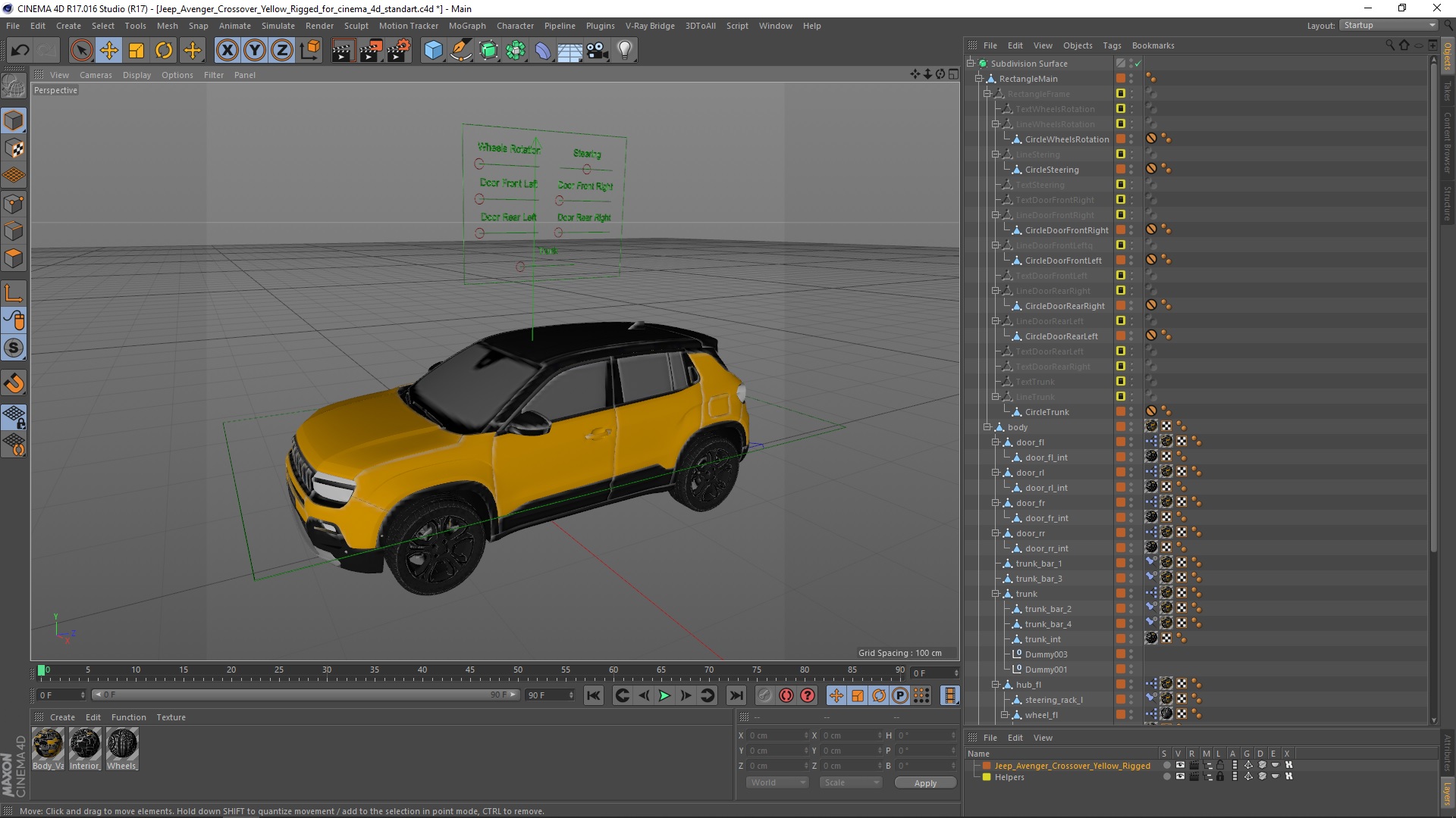 3D model Jeep Avenger Crossover Yellow Rigged for Cinema 4D