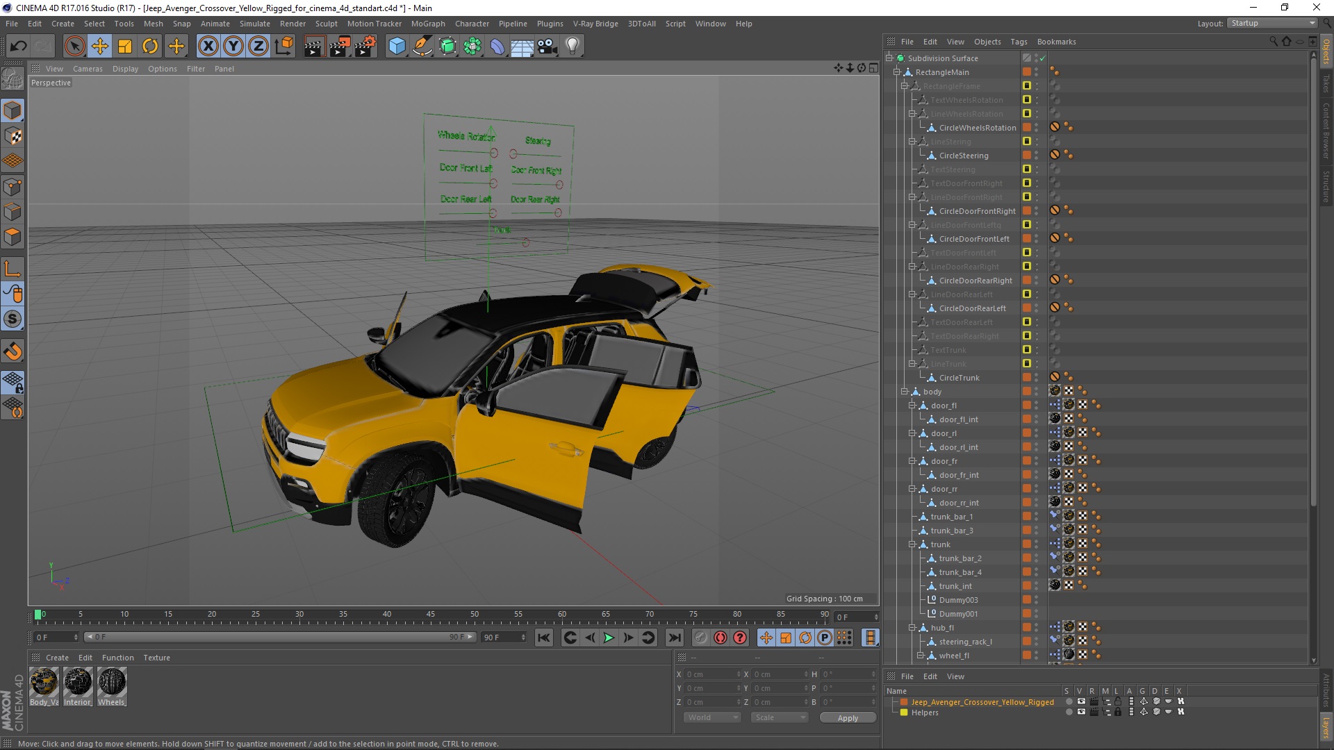 3D model Jeep Avenger Crossover Yellow Rigged for Cinema 4D