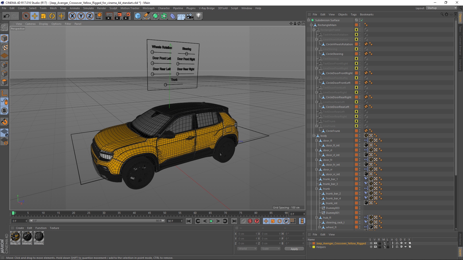 3D model Jeep Avenger Crossover Yellow Rigged for Cinema 4D