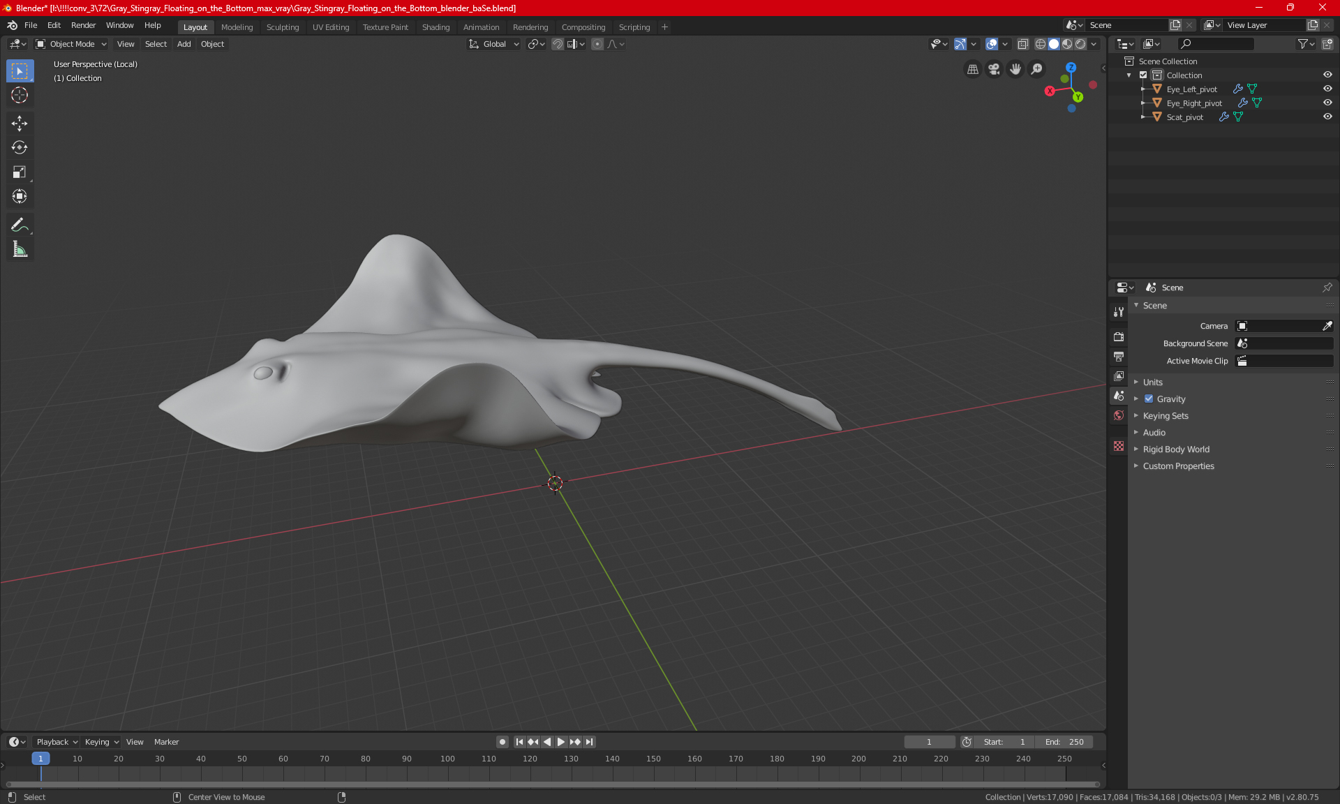 White Stingray Floating on the Bottom 3D