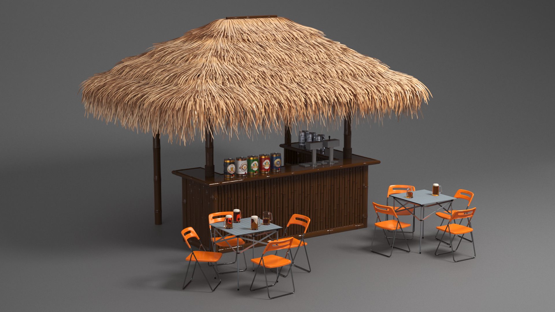 Tropical Tiki Bar with Seating Arrangement 3D
