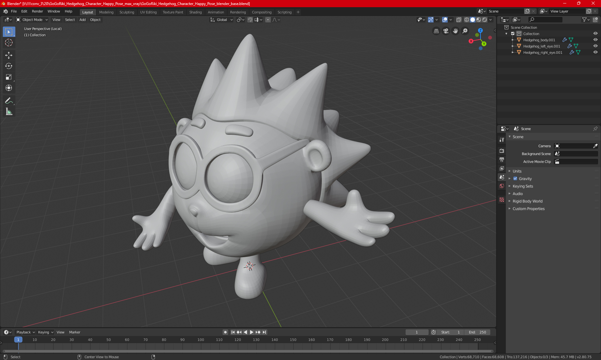 3D GoGoRiki Hedgehog Character Happy Pose model