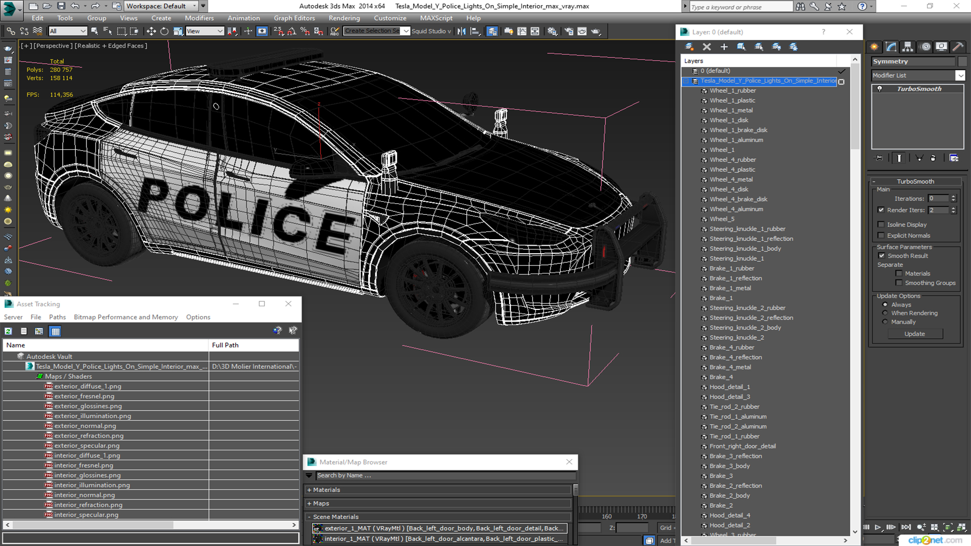 3D Tesla Model Y Police Lights On Simple Interior