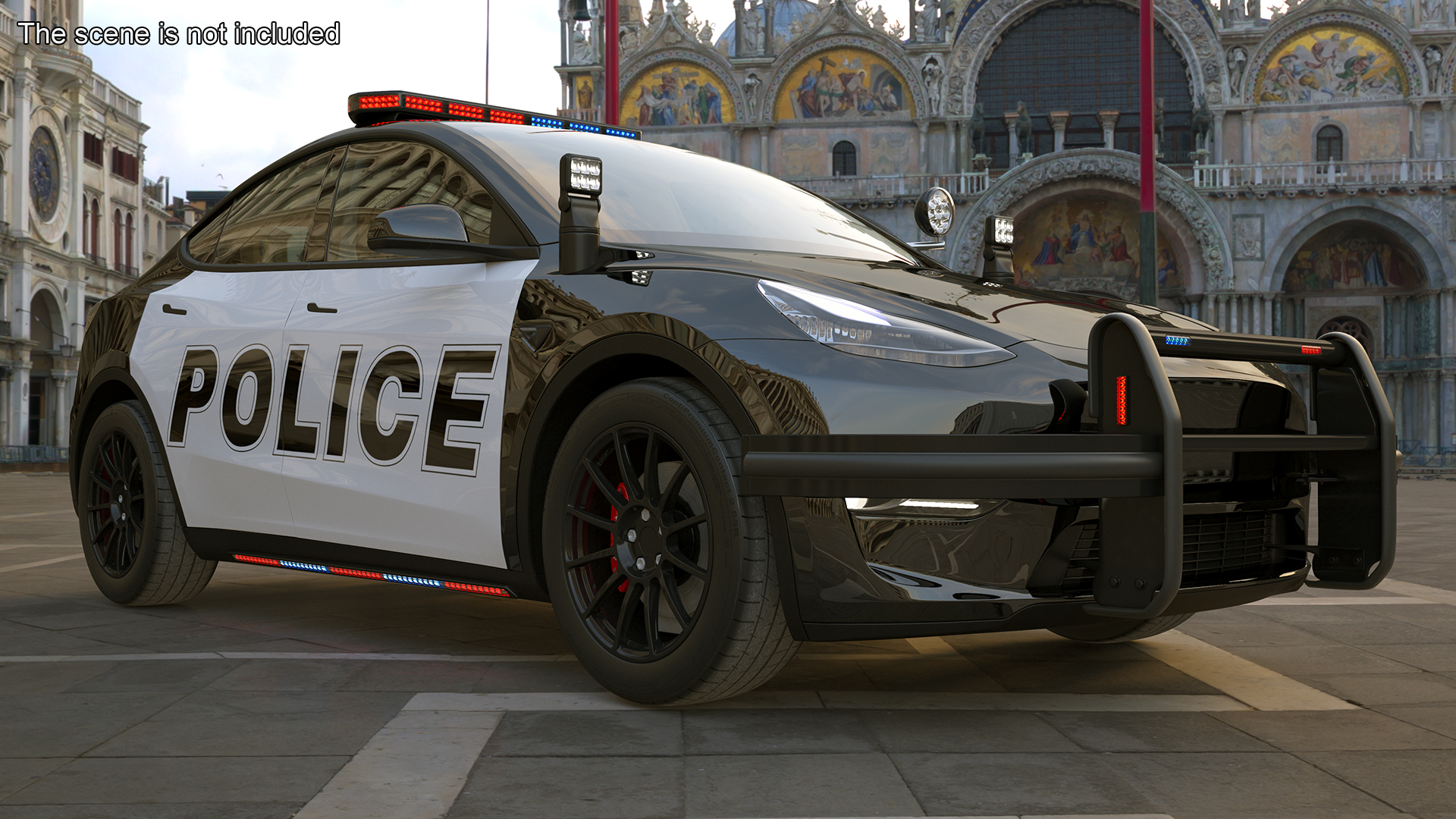 3D Tesla Model Y Police Lights On Simple Interior