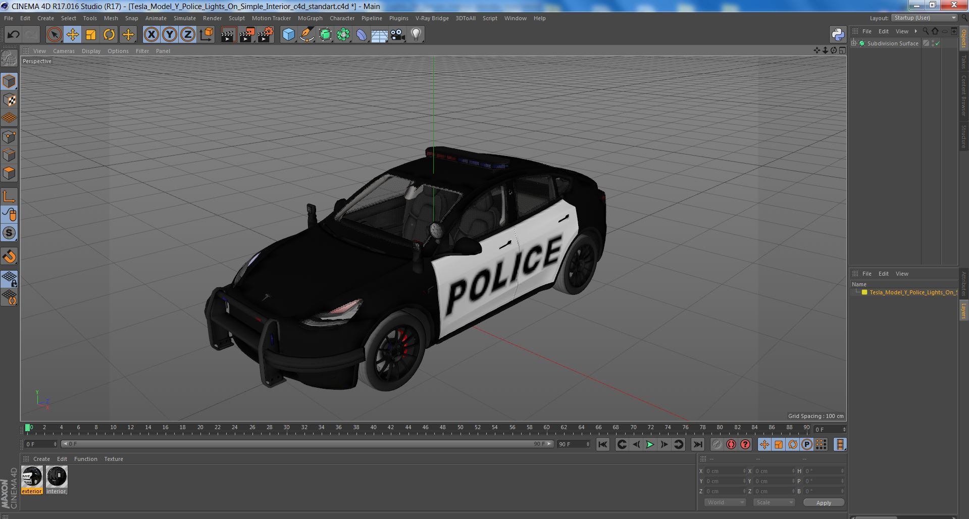 3D Tesla Model Y Police Lights On Simple Interior
