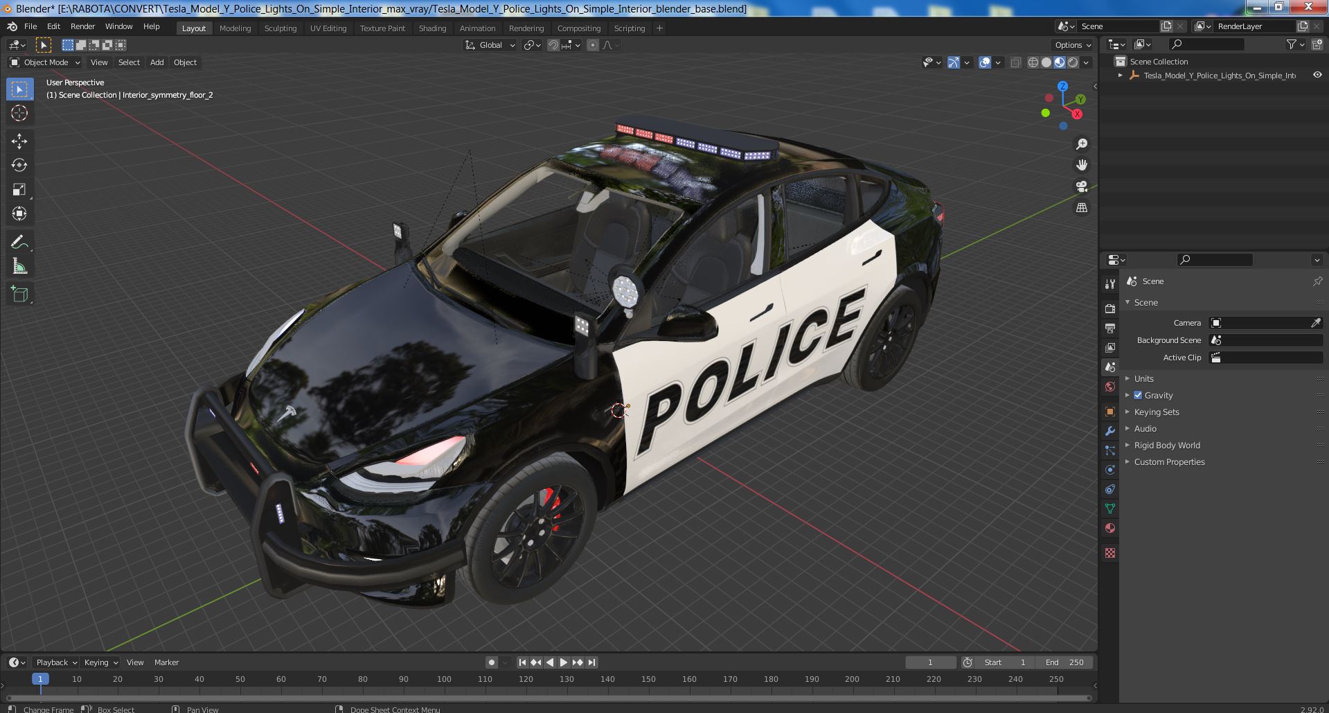 3D Tesla Model Y Police Lights On Simple Interior