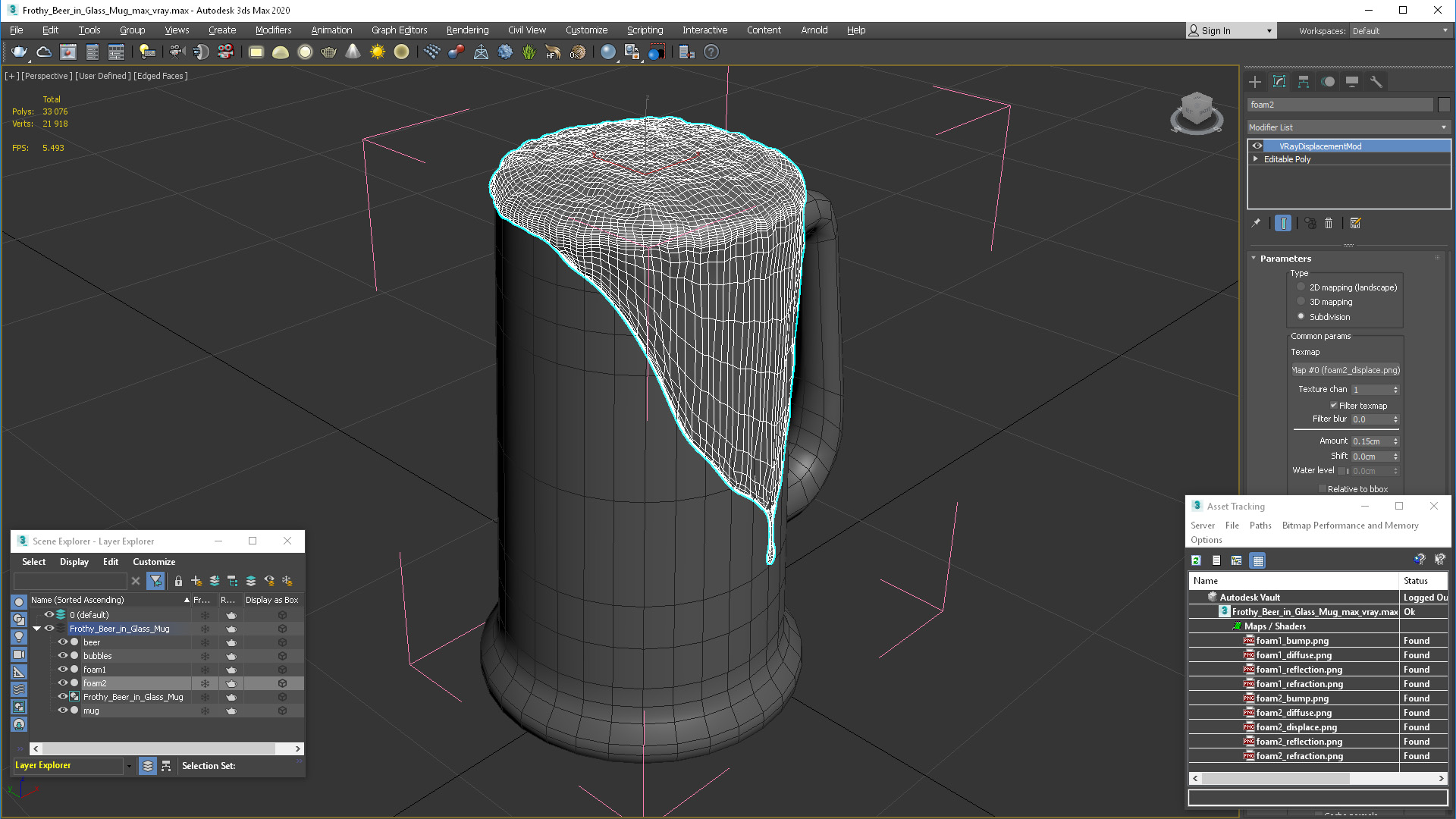 Frothy Beer in Glass Mug 3D model