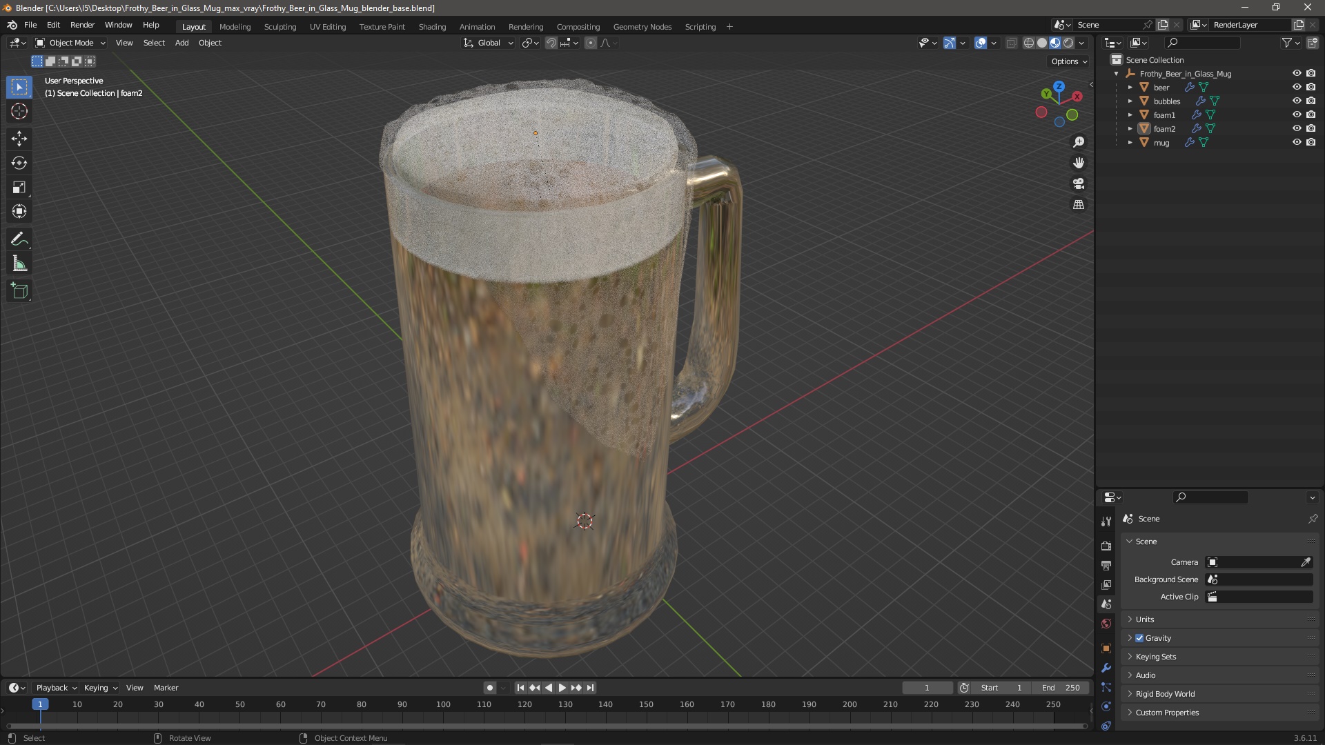 Frothy Beer in Glass Mug 3D model