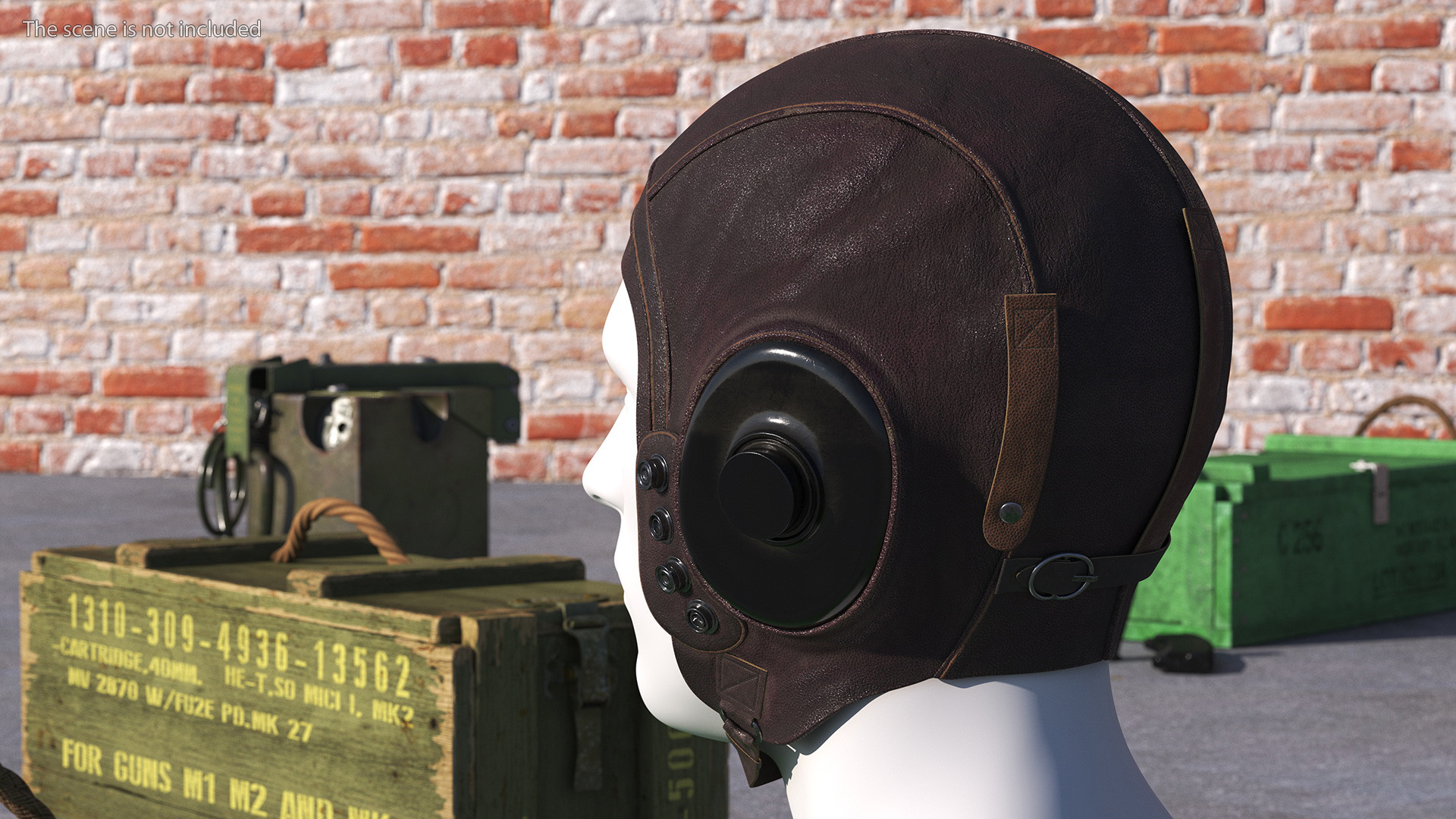 3D Worn Leather Pilot Helmet on Mannequin model