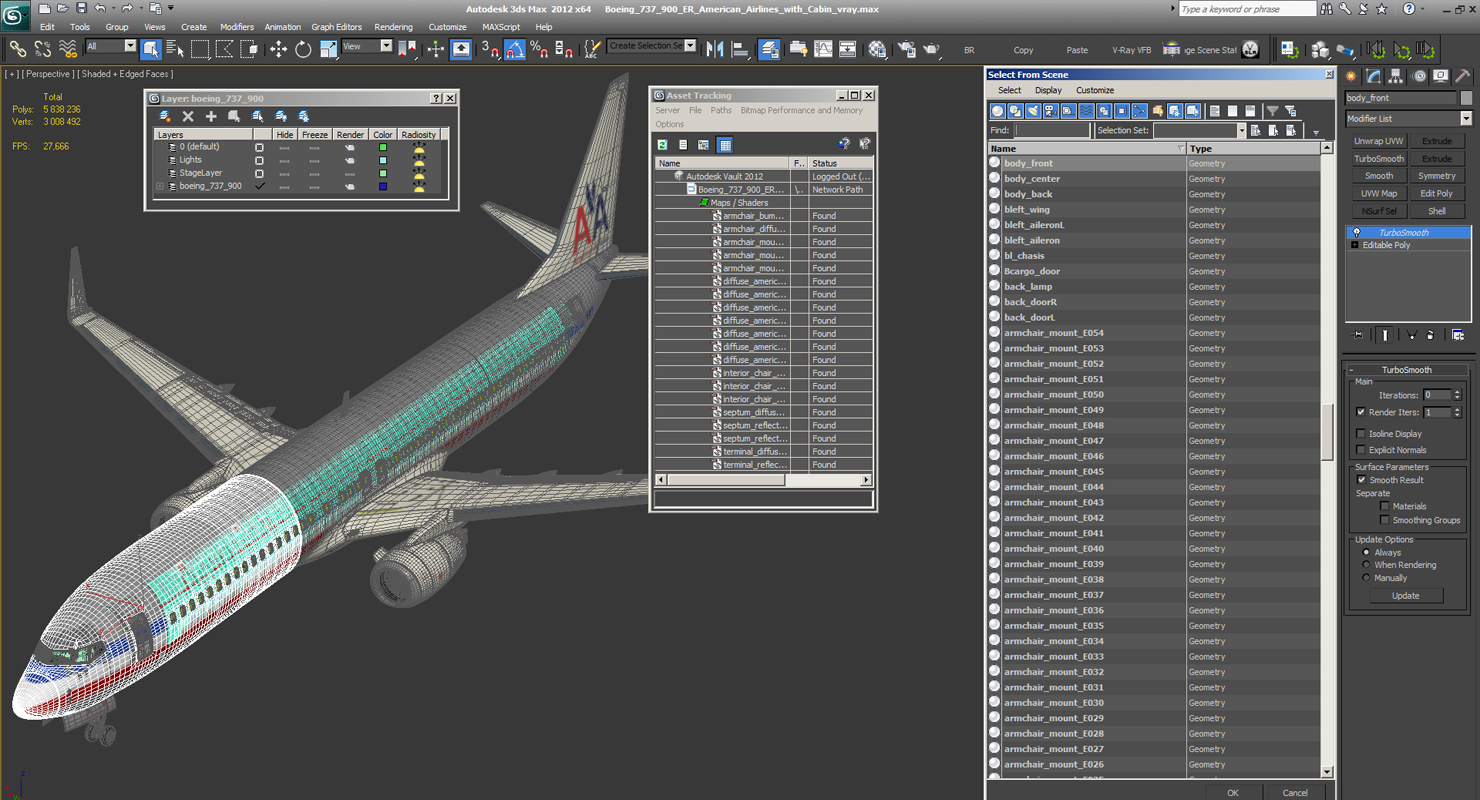 3D Boeing 737 900 ER American Airlines with Cabin