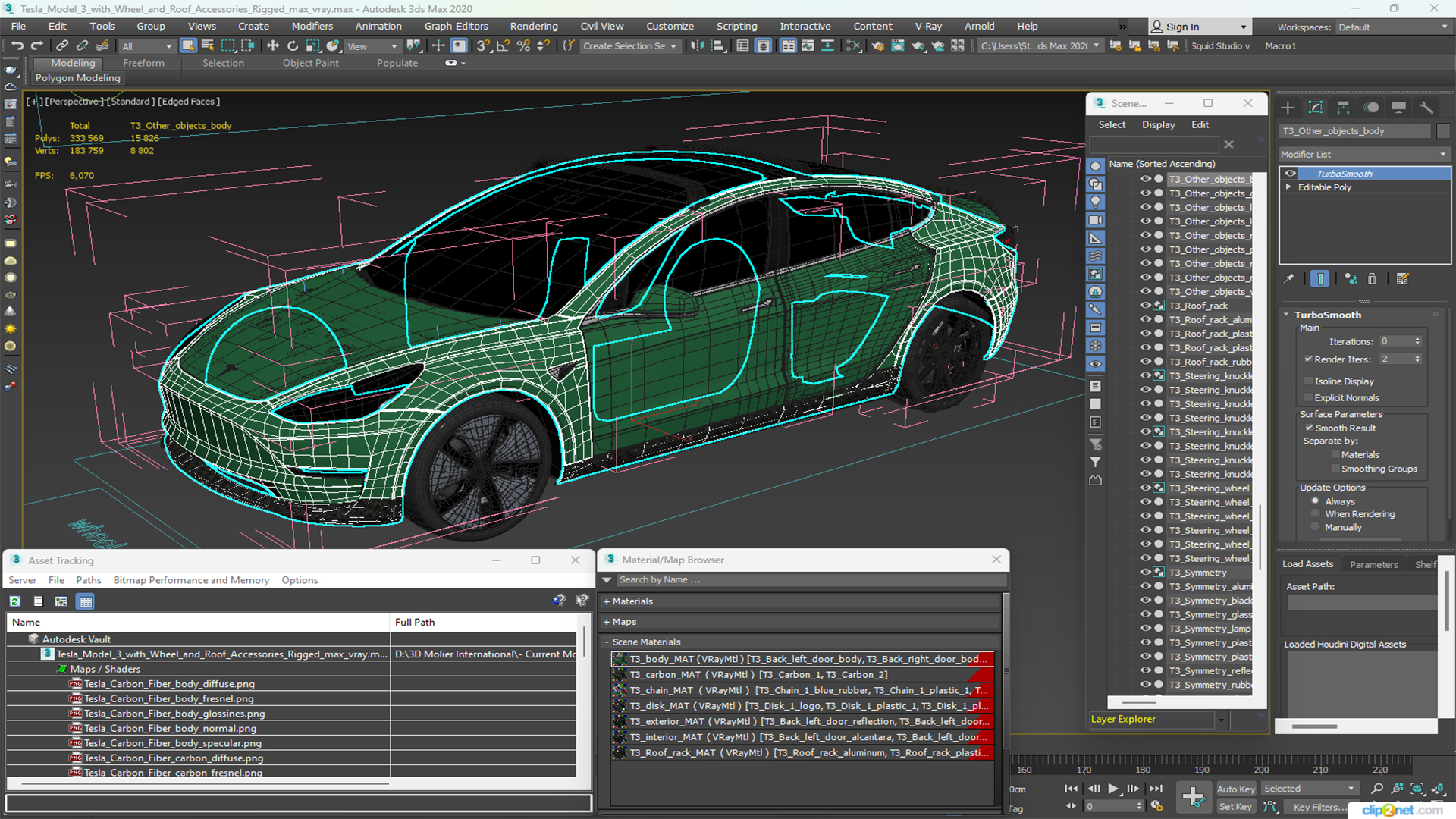 Tesla Model 3 with Wheel and Roof Accessories Rigged 3D
