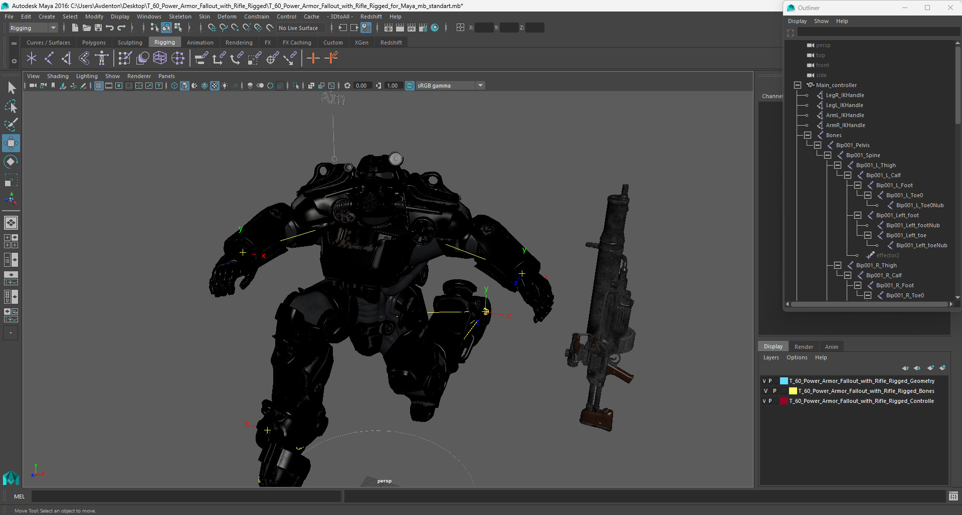 3D T 60 Power Armor Fallout with Rifle Rigged for Maya