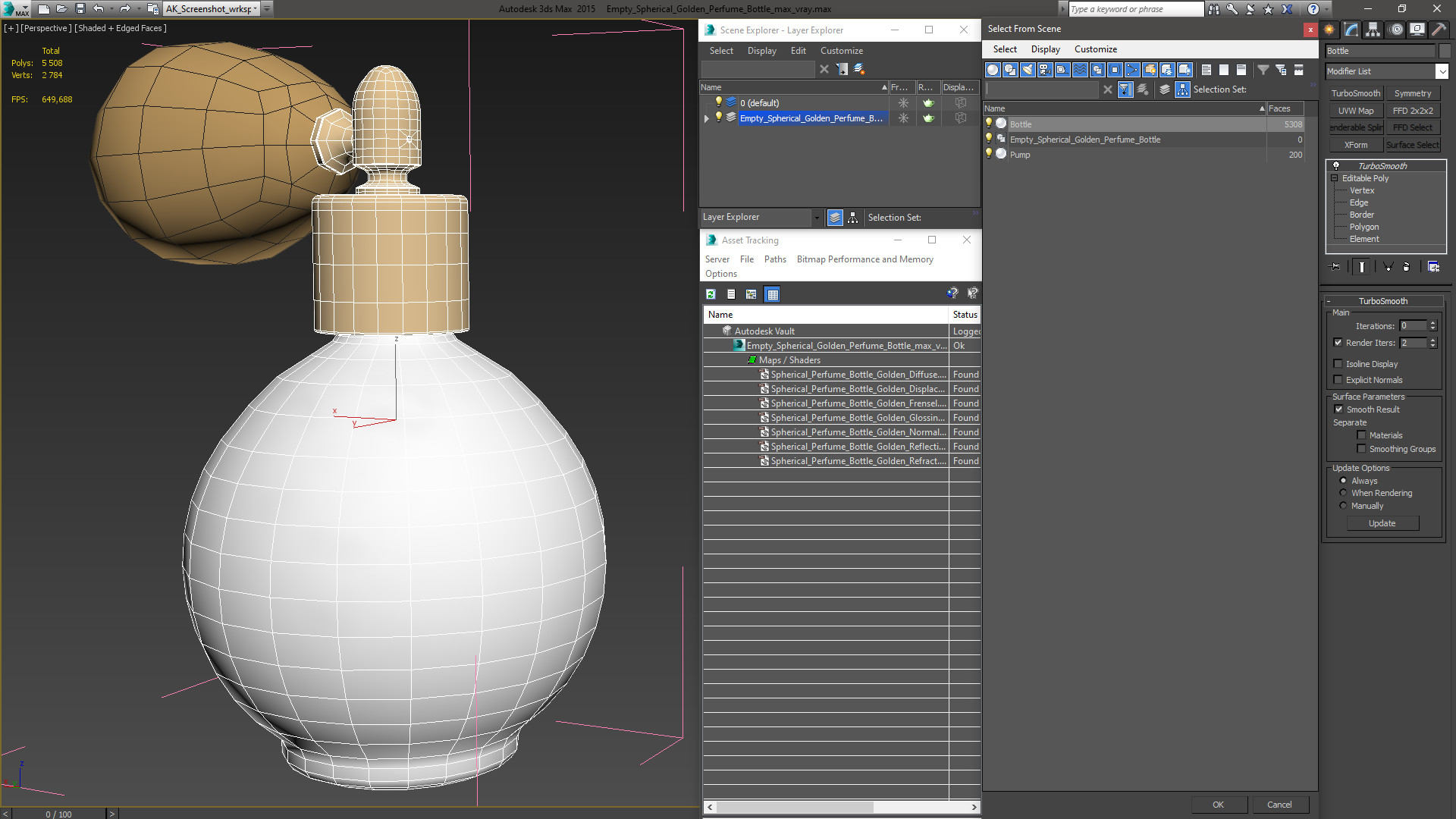 Empty Spherical Golden Perfume Bottle 3D
