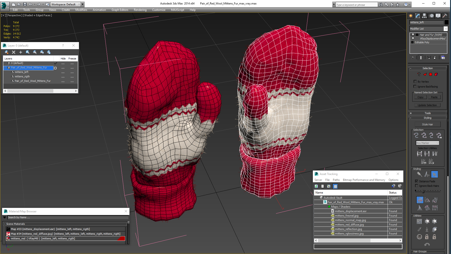 3D Pair of Red Wool Mittens Fur model
