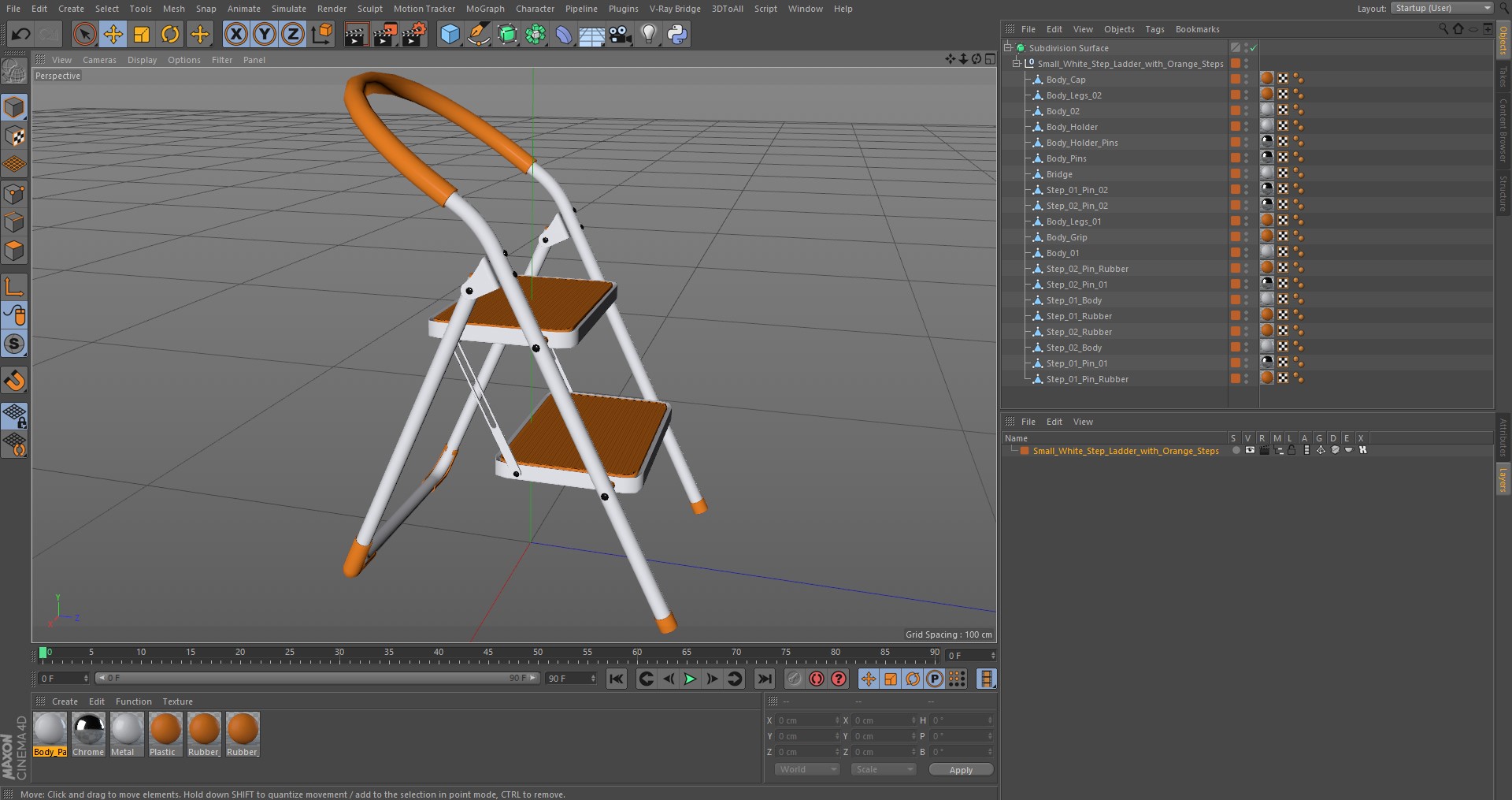 3D Small White Step Ladder with Orange Steps
