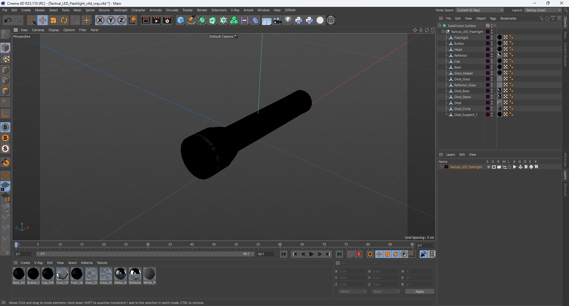 3D Tactical LED Flashlight model