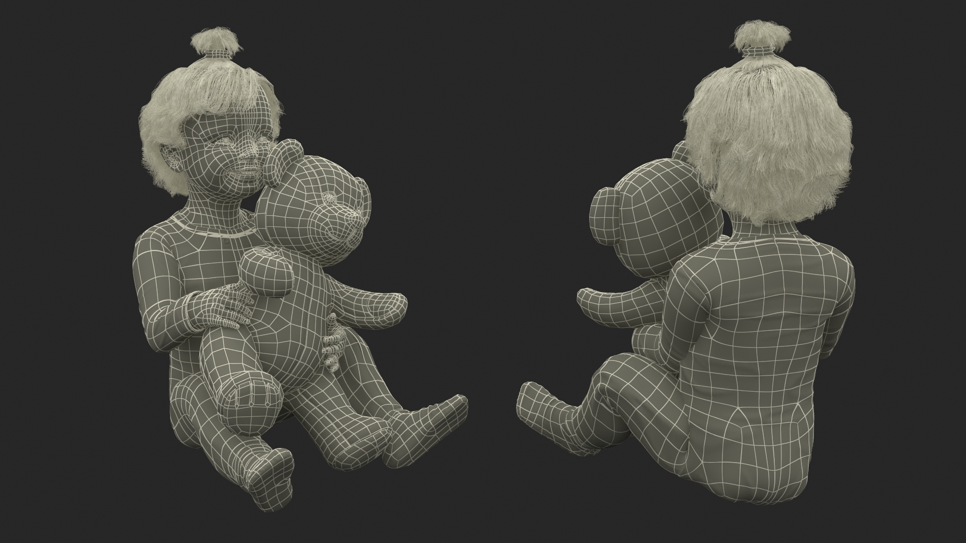 3D Little Girl with Teddy Bear Fur Rigged model