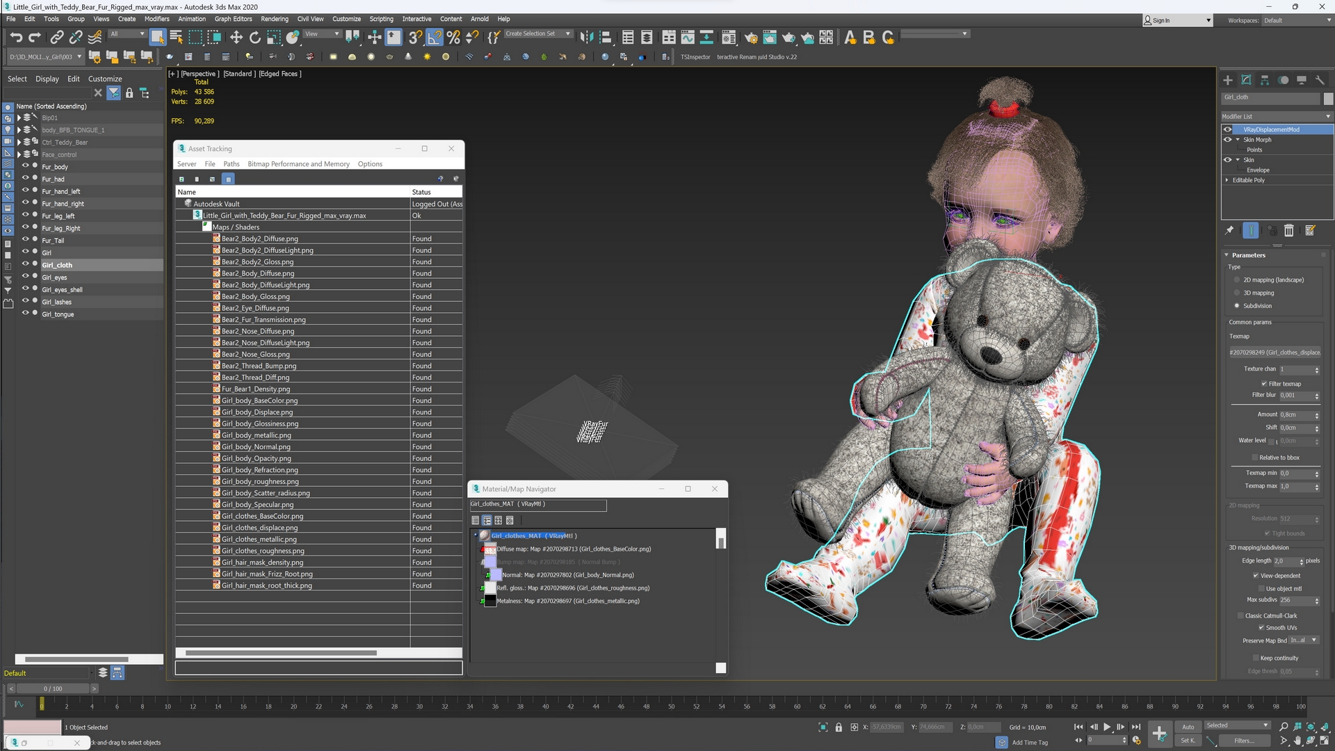 3D Little Girl with Teddy Bear Fur Rigged model