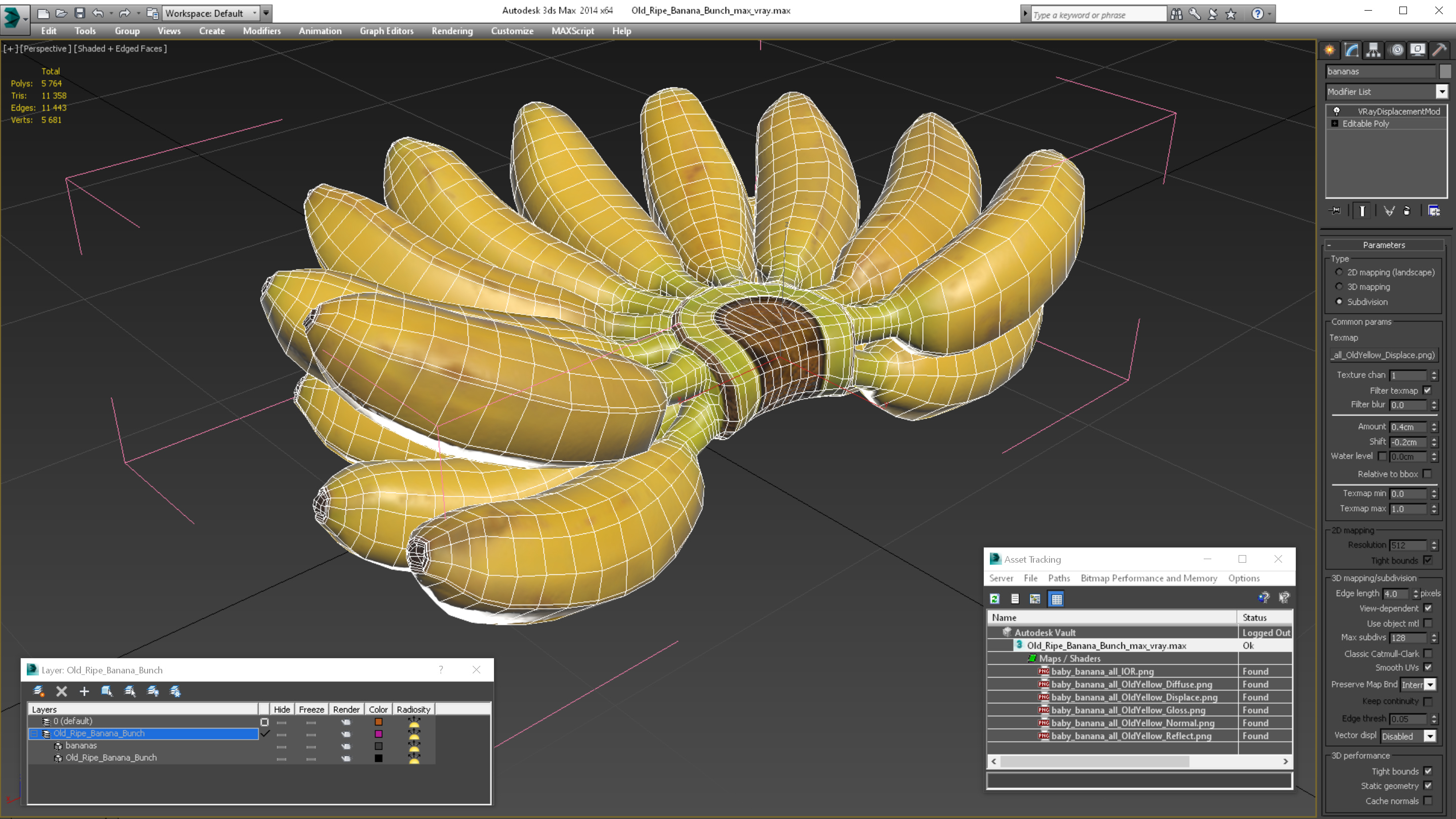 3D Old Ripe Banana Bunch