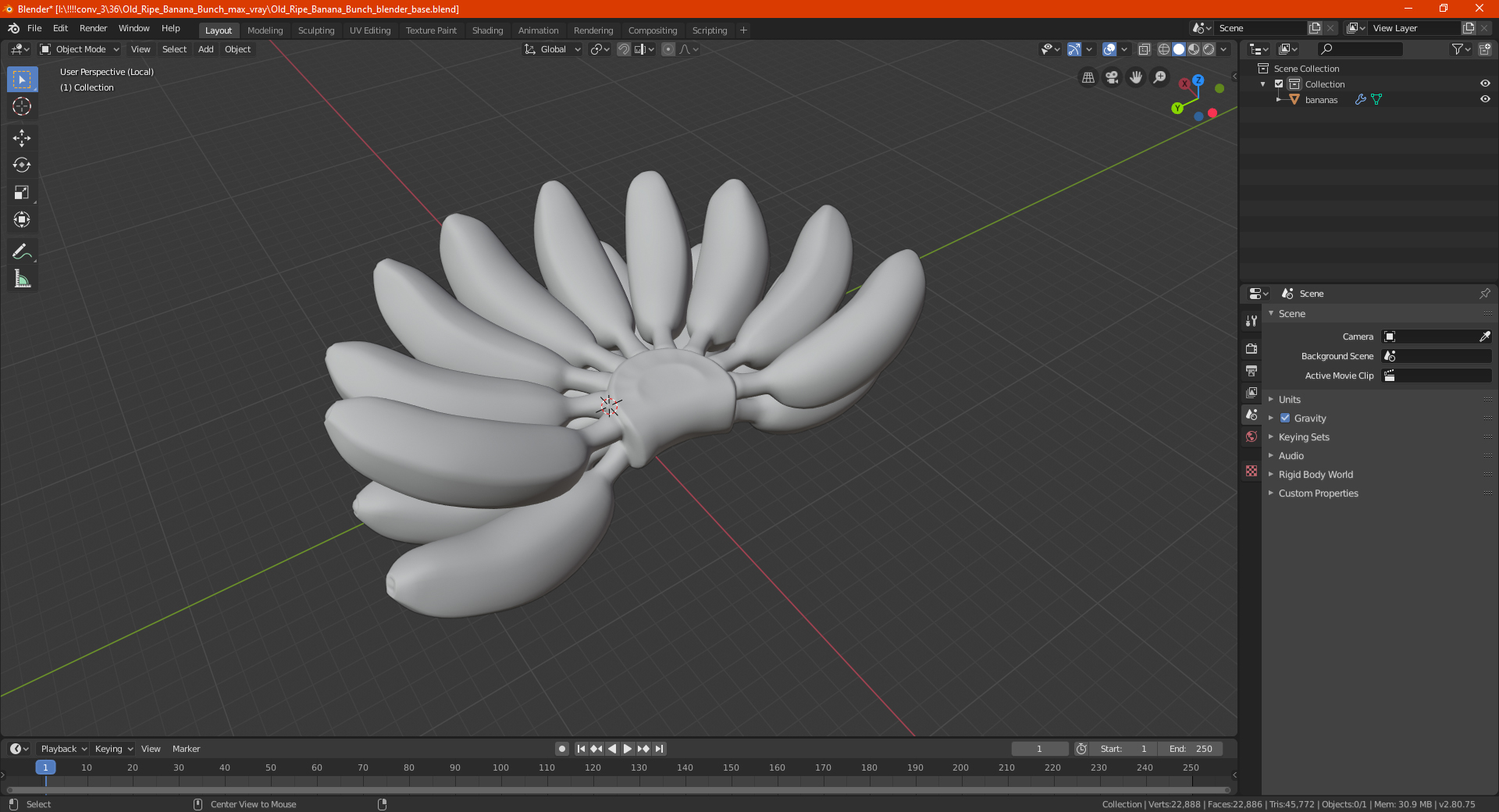 3D Old Ripe Banana Bunch