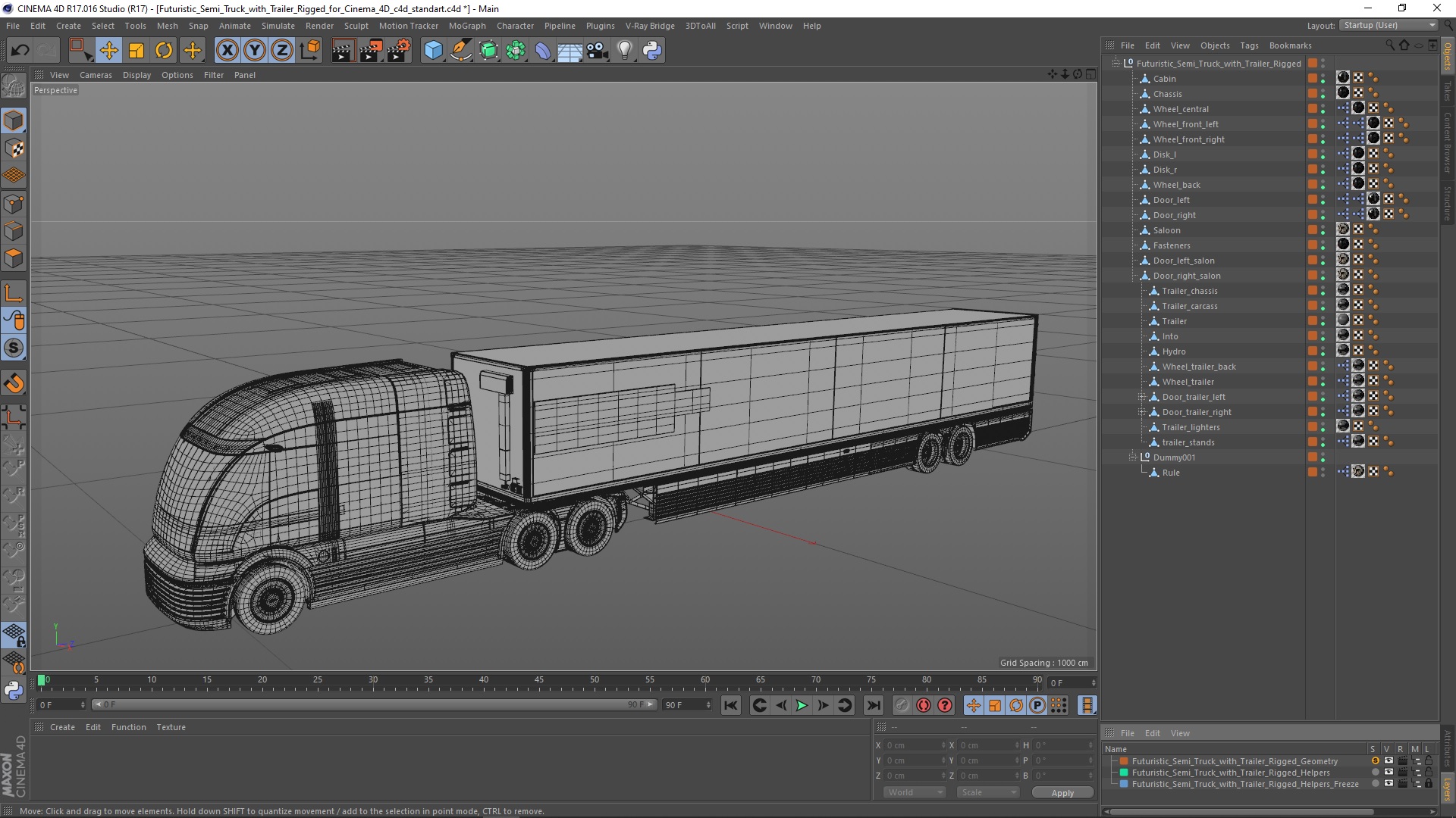 3D model Futuristic Semi Truck with Trailer Rigged for Cinema 4D