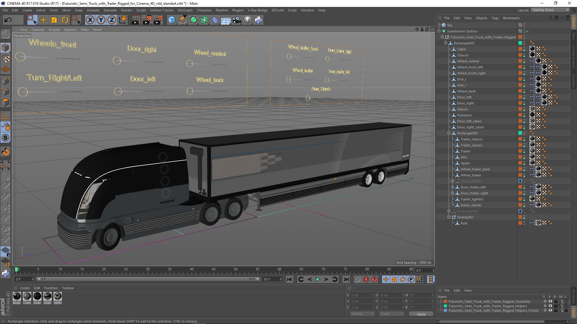 3D model Futuristic Semi Truck with Trailer Rigged for Cinema 4D