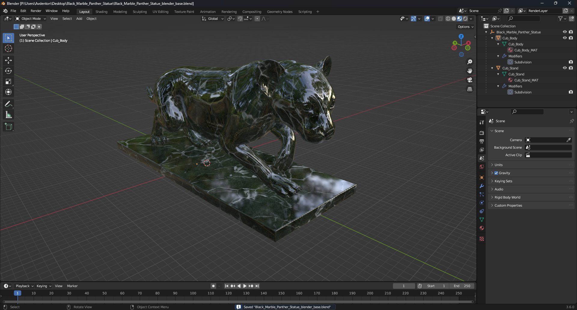 Black Marble Panther Statue 3D
