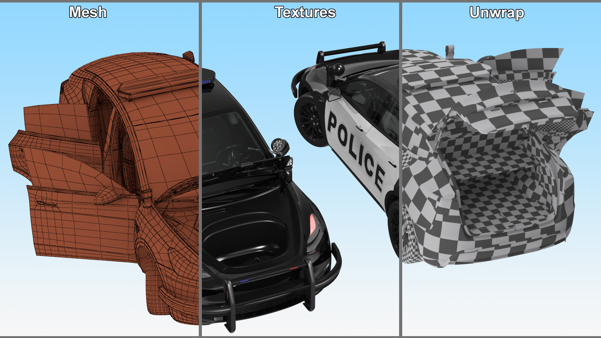 3D Police Tesla Model Y Lights On Rigged for Maya