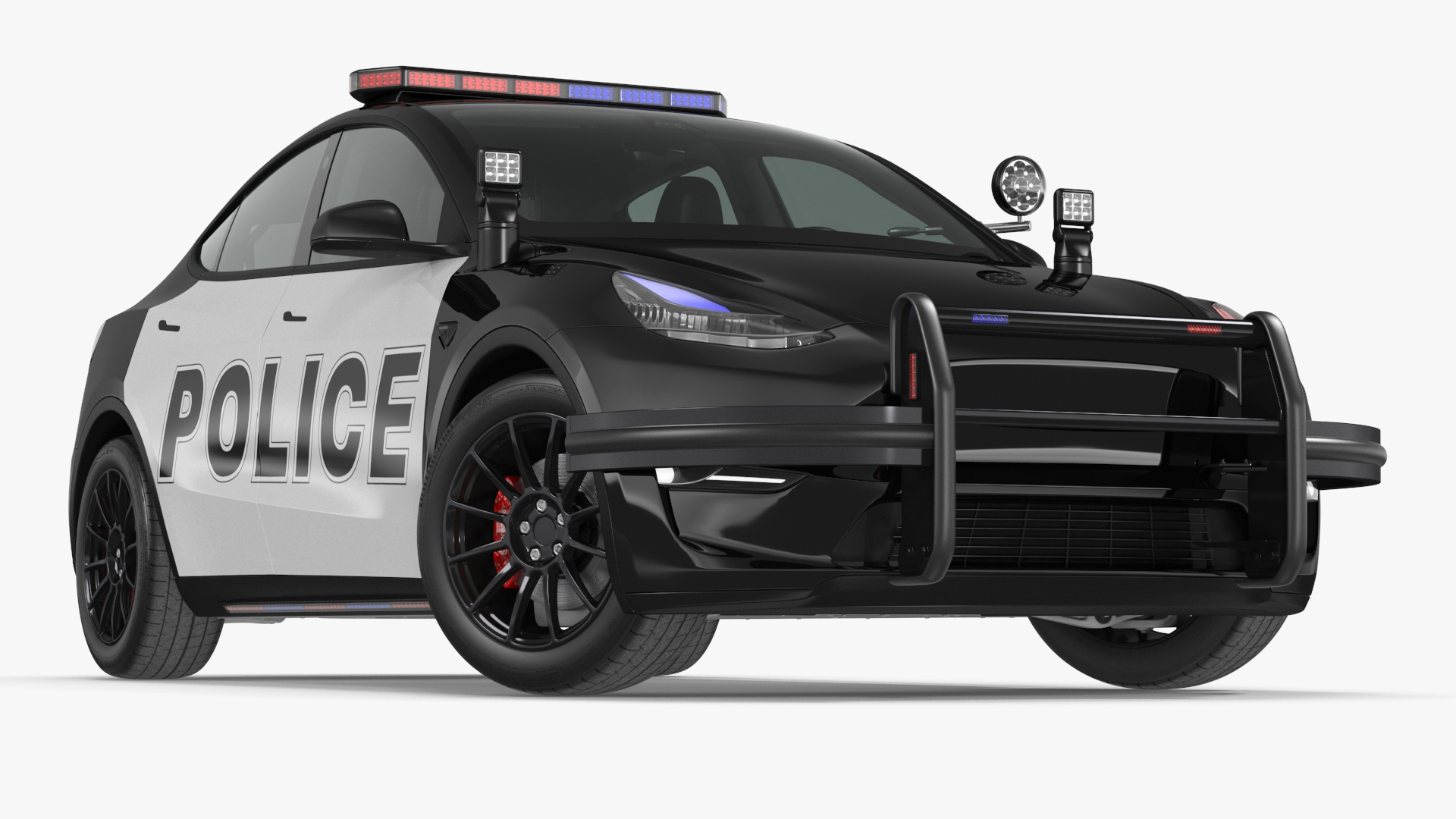 3D Police Tesla Model Y Lights On Rigged for Maya