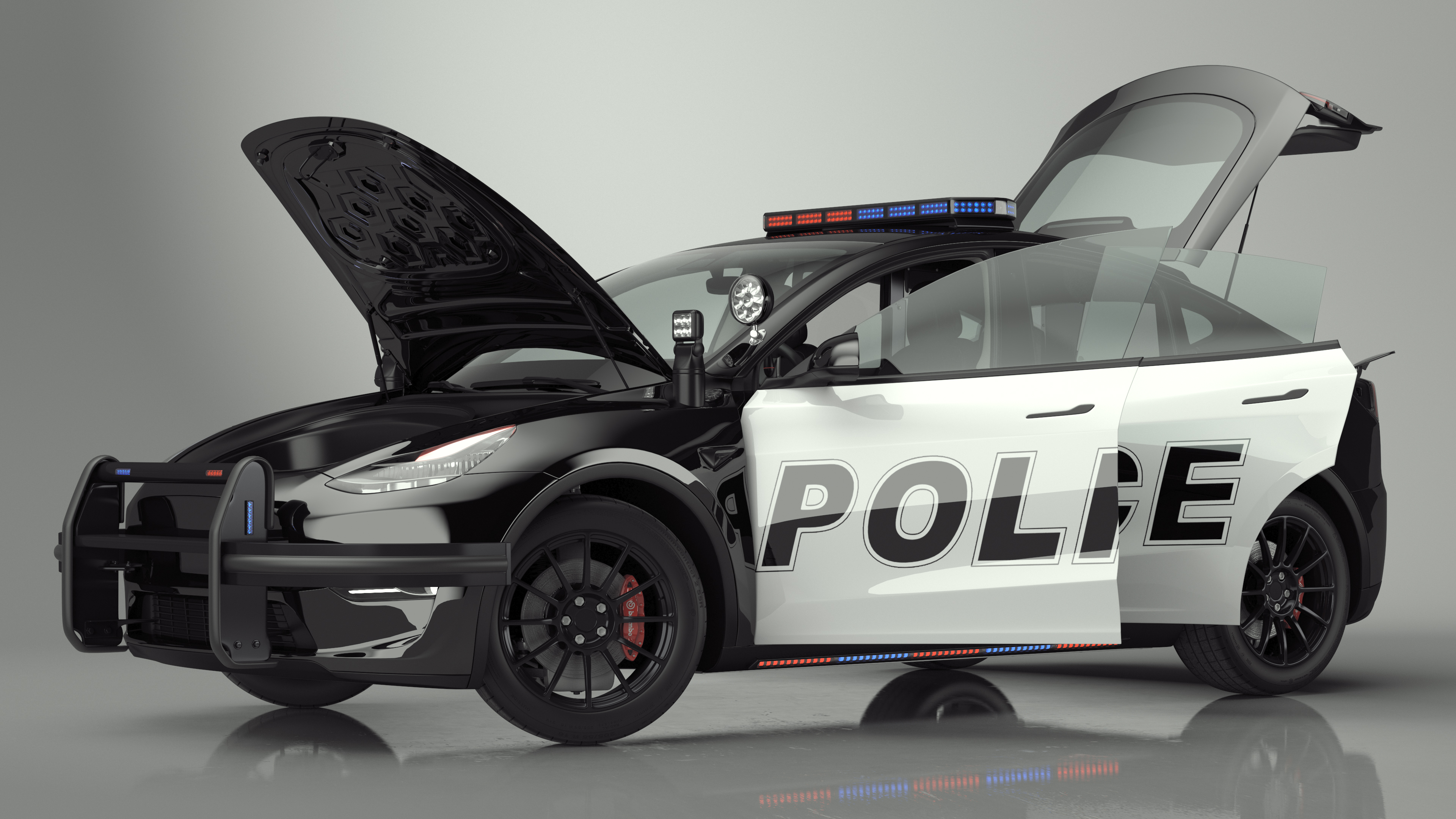 3D Police Tesla Model Y Lights On Rigged for Maya