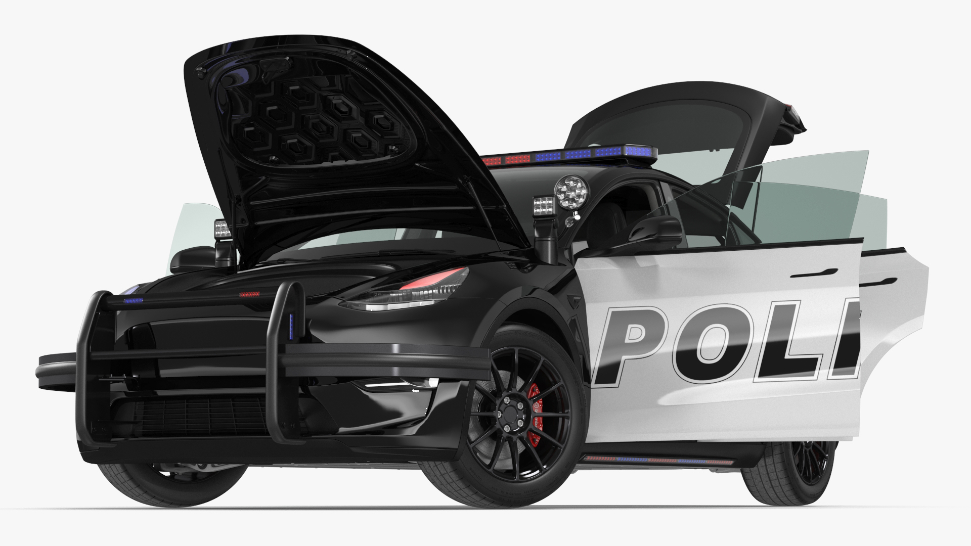 3D Police Tesla Model Y Lights On Rigged for Maya