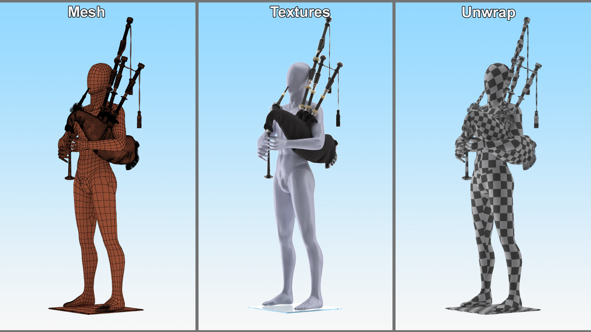 3D Mannequin with Scottish Black Bagpipes model