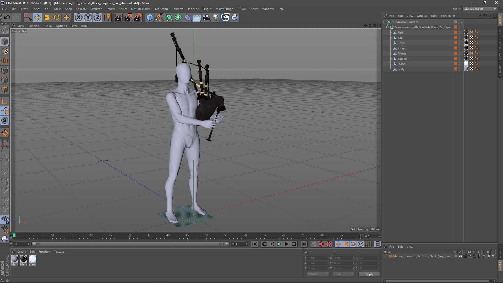 3D Mannequin with Scottish Black Bagpipes model