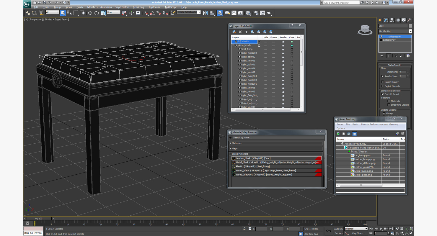 3D Adjustable Piano Bench Leather Black
